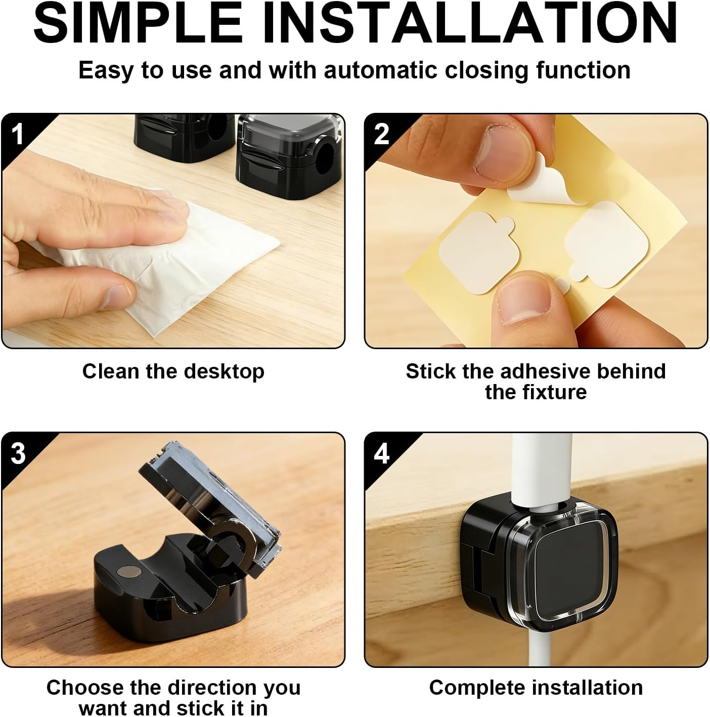 8-Pcs Cable Organiser, Magnetic Cable Holder & Clips with Strong Adhesive Strips, under Desk Cable Management for Phone Chargers, Office and Bedside (Black) image number 1