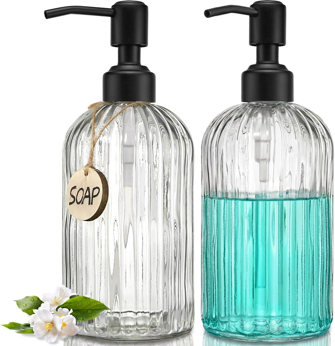 JASAI 2PACK 18Oz Fluted Glass Soap Dispenser with Golden Rust Proof Pump, Refillable Kitchen Soap Dispenser with Vertical Stripe, Bathroom Soap Dispenser for Dispense Hand Soap, Dish Soap, Lotion.