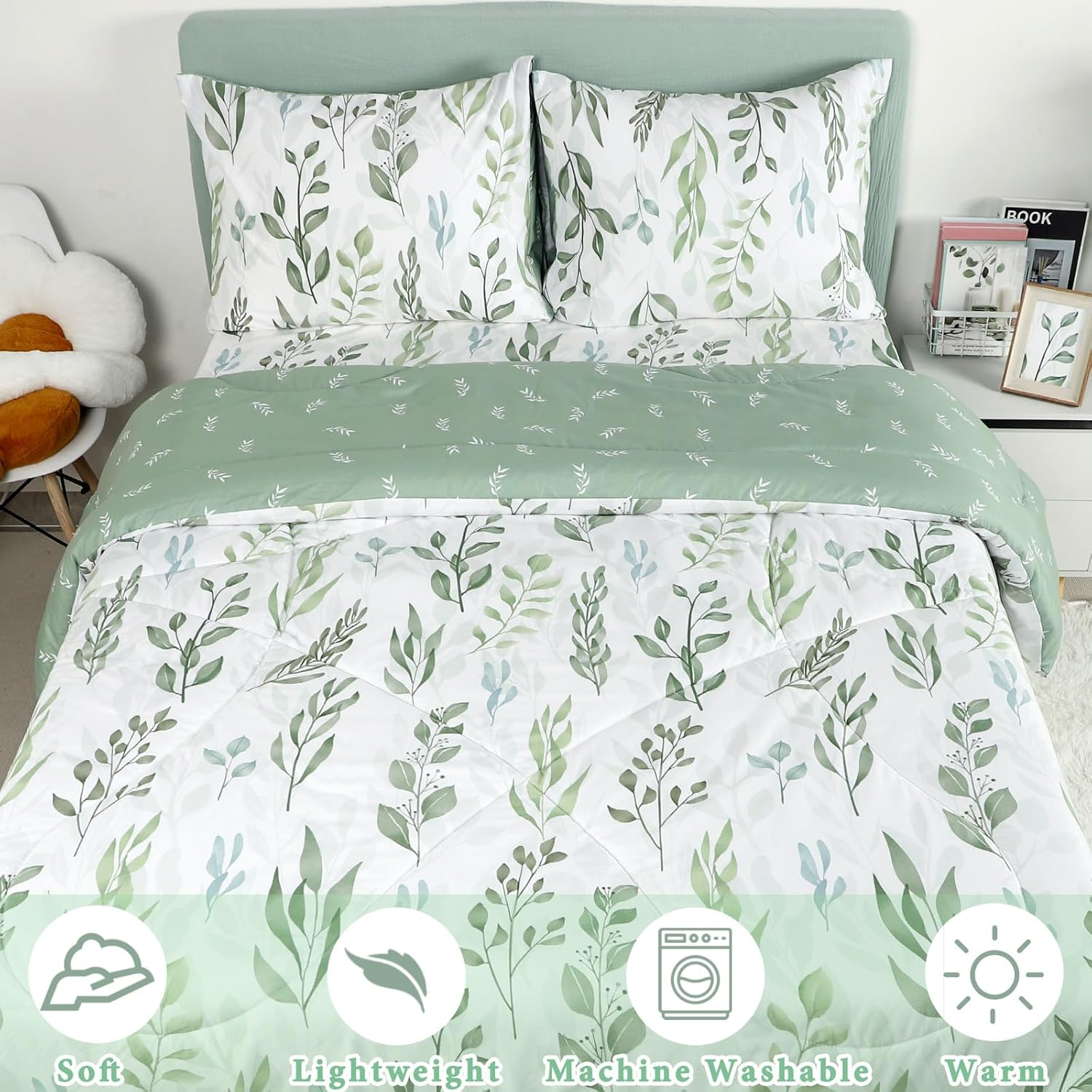 DILIMI King Size Comforter Set, 3 Pieces King Comforter Set, Reversible Green Comforter King, Ultra Soft and Fluffy Bedding Comforter Sets with Comforter, 2 Pillowcase