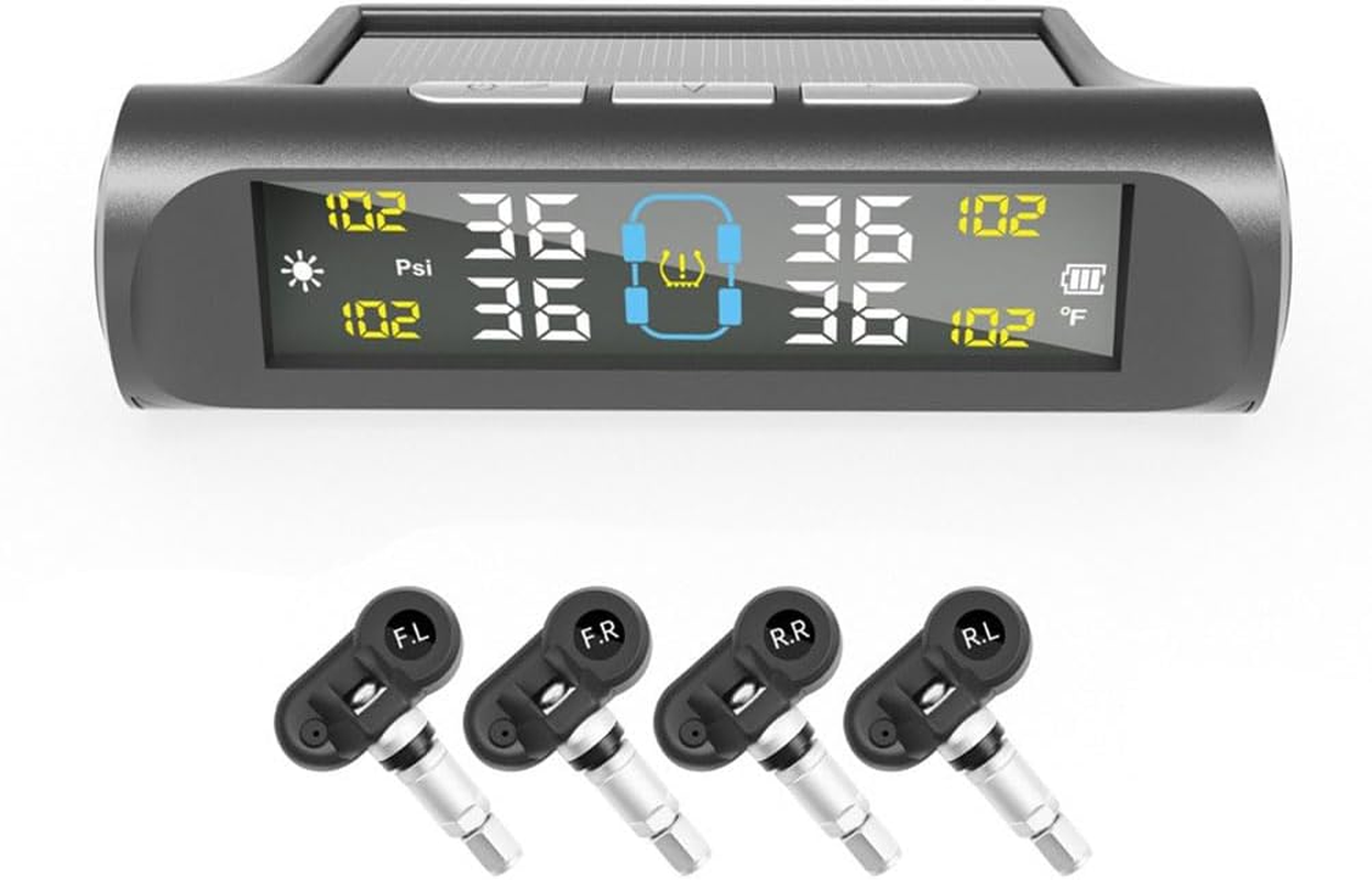 Tyre Pressure Monitoring System, Tire Pressure Monitor Installed on Windowshield with 4 Tire Sensors, Tire Pressure Monitor, Tire Pressure Monitoring System Wireless Solar for RV, Sedan, SUV
