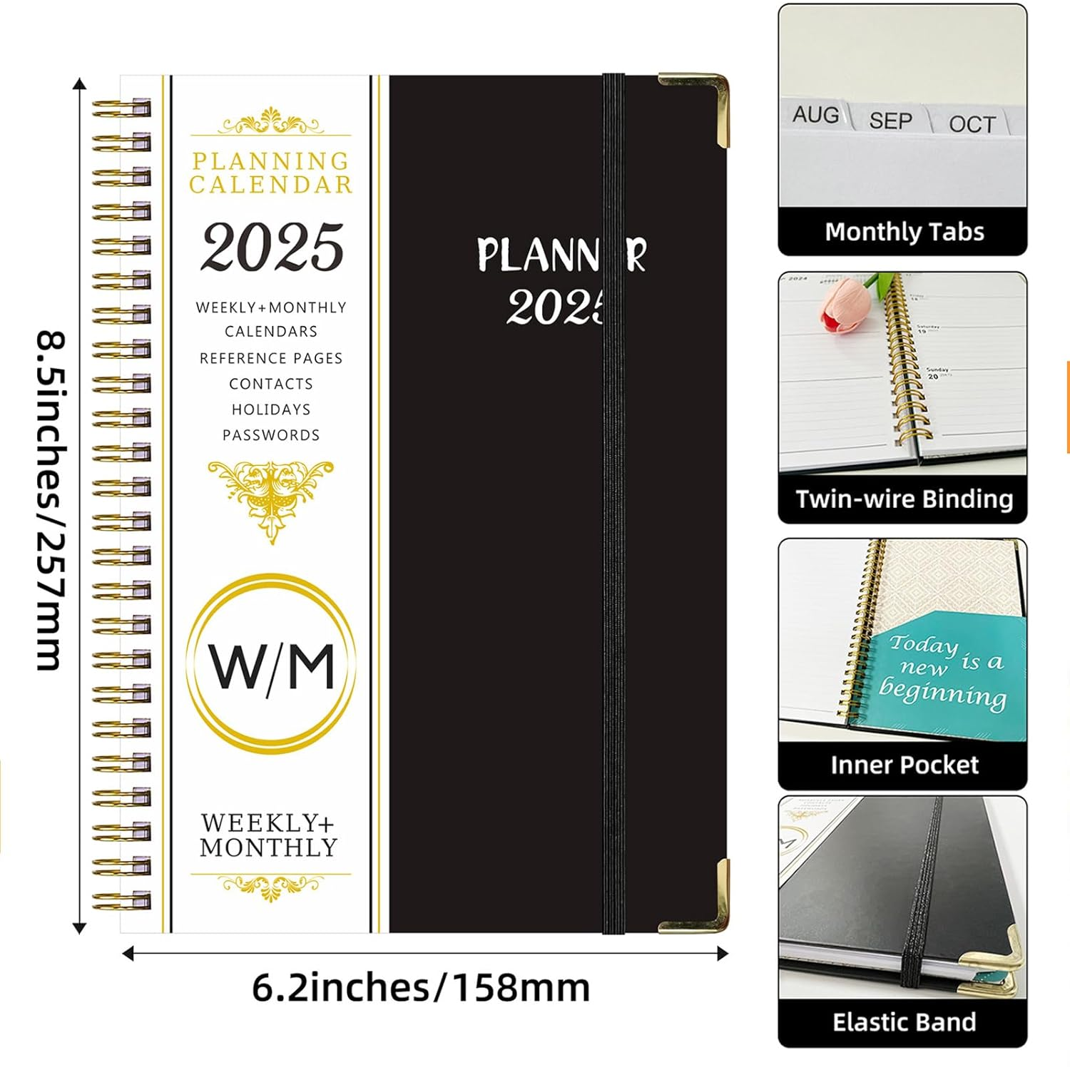 Lined Spiral Journal Notebook, A5 Weekly and Monthly Plan Ruled Journals for Writing, Hardcover Notebooks for Work,Note Taking and Office School Supplies (Black) image number 2