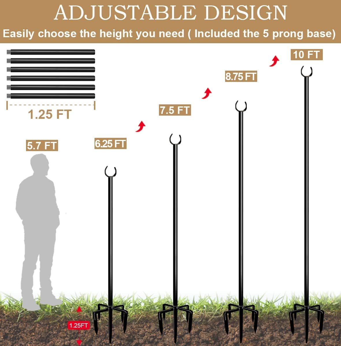 Sprimden 10Ft String Light Poles for Outdoors, outside Light Poles with 5-Prong Base, Suit for Garden, Backyard, Patio, Outdoor Lighting, Matte Black, 2 Packs image number 6