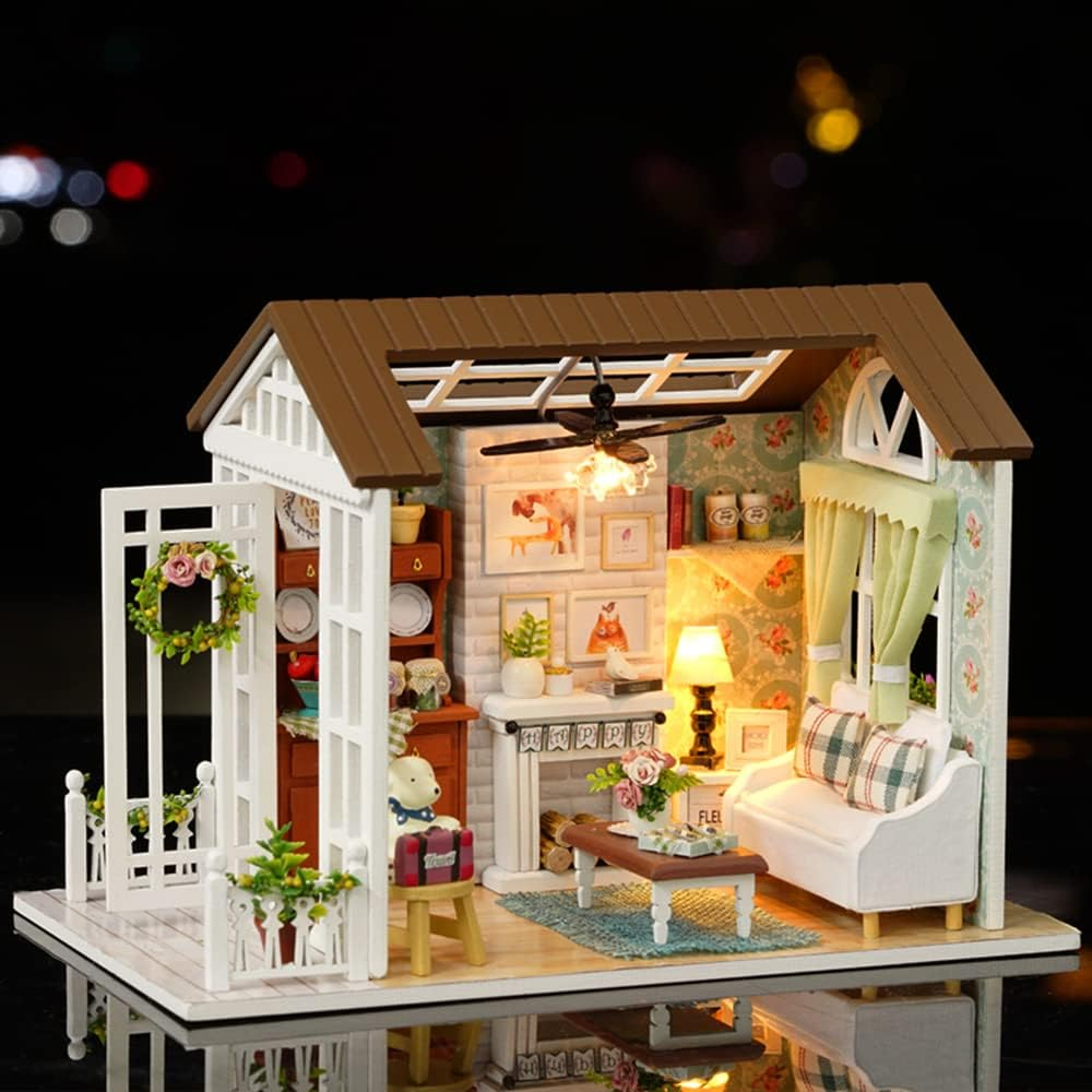 Tukiie DIY Miniature Dollhouse Kit, 1:24 Scale Wooden Mini Doll House Accessories with Furniture for Kids Teens Adults(Happy Times)
