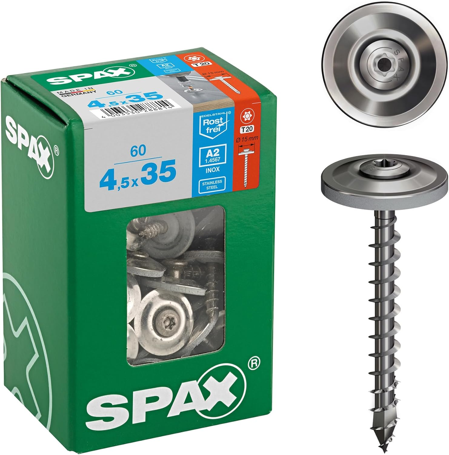 4587000450357 T-Star plus T20 4Cut A2 Rust-Proof Stainless Steel Screws Pack of 60 Fully Threaded Countersunk Head T-Star plus T20 4587000450357 image number 1