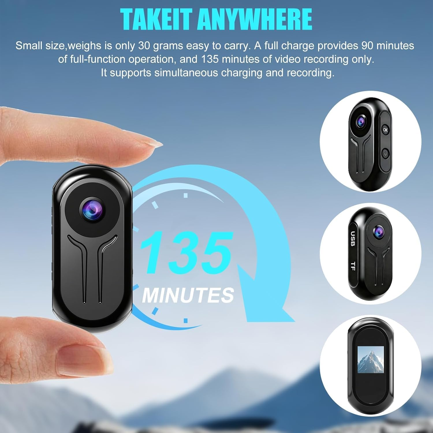 360 Action Camera with 128 GB Card, Mini Action Bodycam Night Vision with 0.85" Screen, Magnetic 1080P Motorcycle Helmet Camera, POV Vlog Body Video for Cycling and Travel-Black image number 4