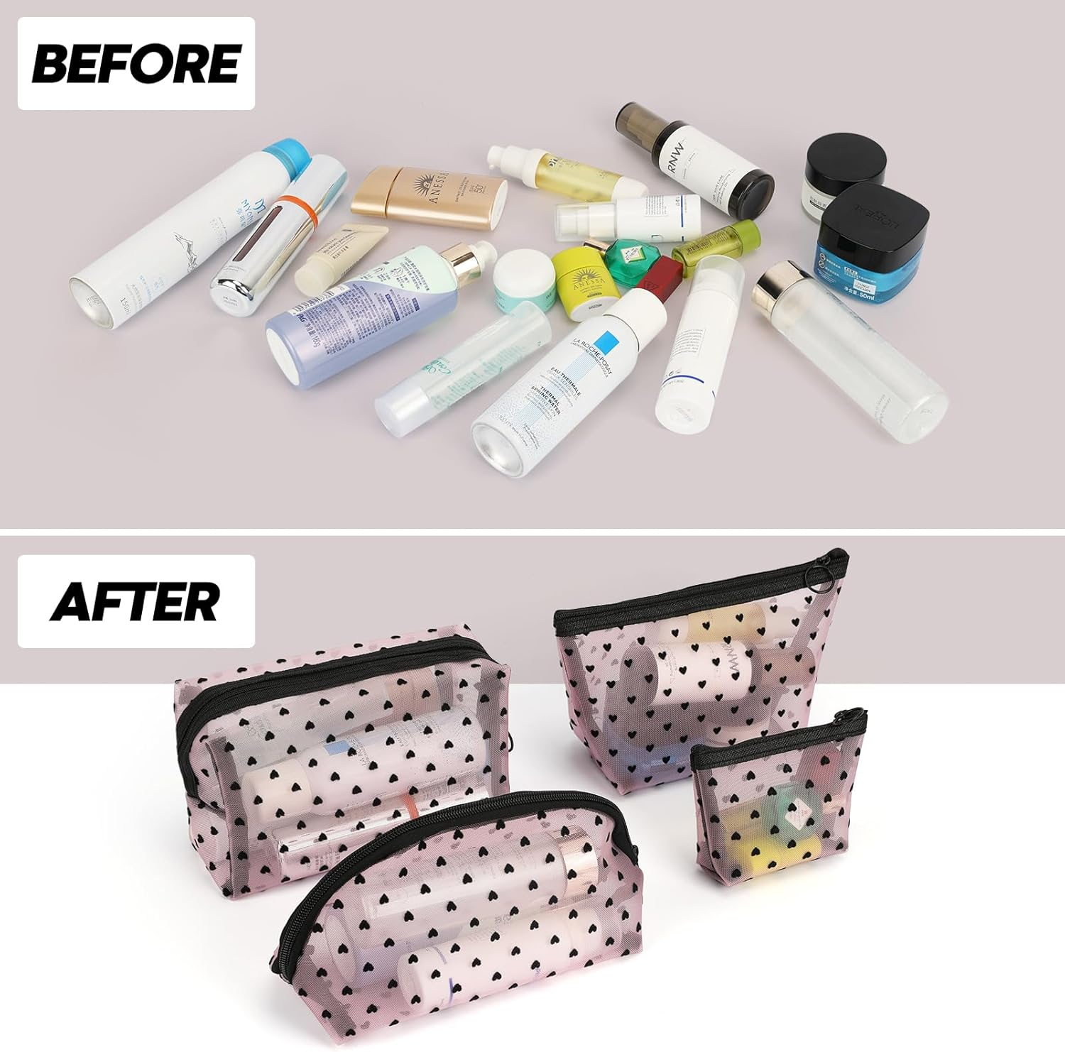 FYY 4 PCS Mesh Cosmetic Bag with Zipper, Clear Makeup Bag Set Mesh Zipper Pouch Bags Toiletry Bag for Women Travel Accessories (Multi-Size, Pink) image number 2