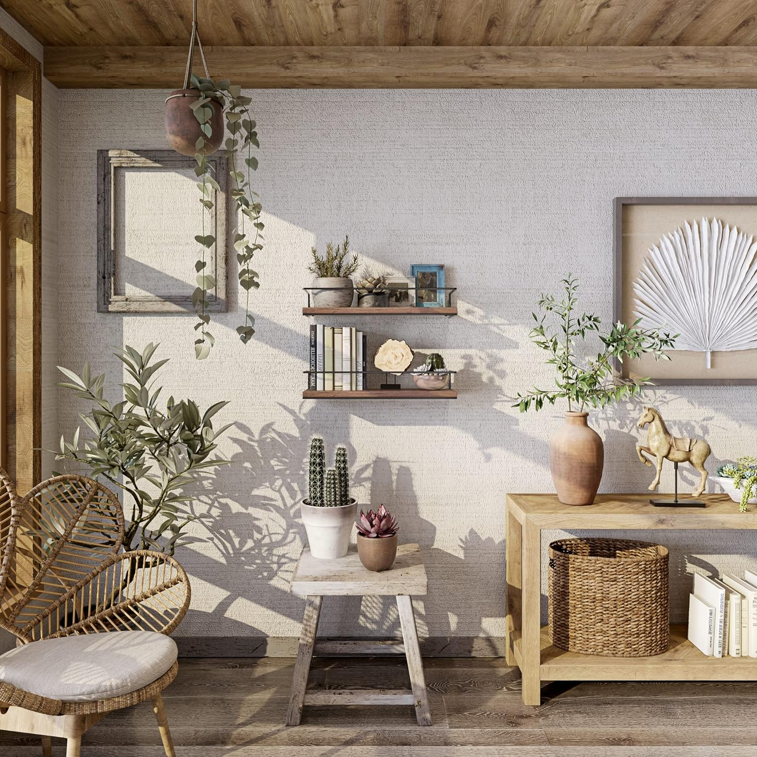 Shario Rustic Wood Floating Shelves - Set of 2, Wall Mounted Hanging Shelves with Black Towel Rack, Decorative Storage Shelves for Bathroom, Kitchen, Living Room & Bedroom (Dark Carbonized Brown) - Dark Brown image number 3