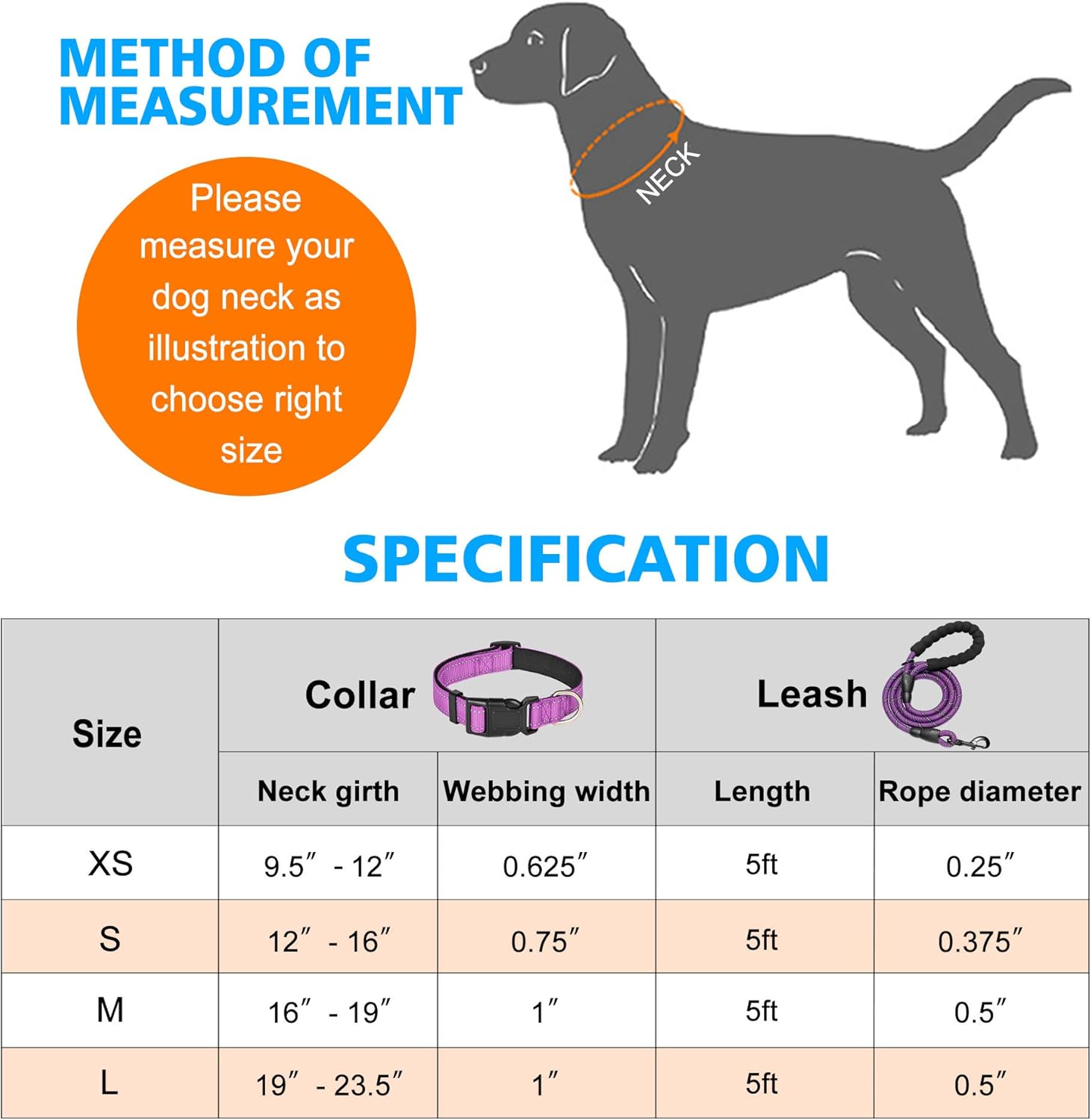 Reflective Dog Collar Padded with Soft Neoprene Breathable Adjustable Nylon Dog Collars for Small Medium Large Dogs (X-Small (Pack of 1), Purple Collar+Leash) image number 1