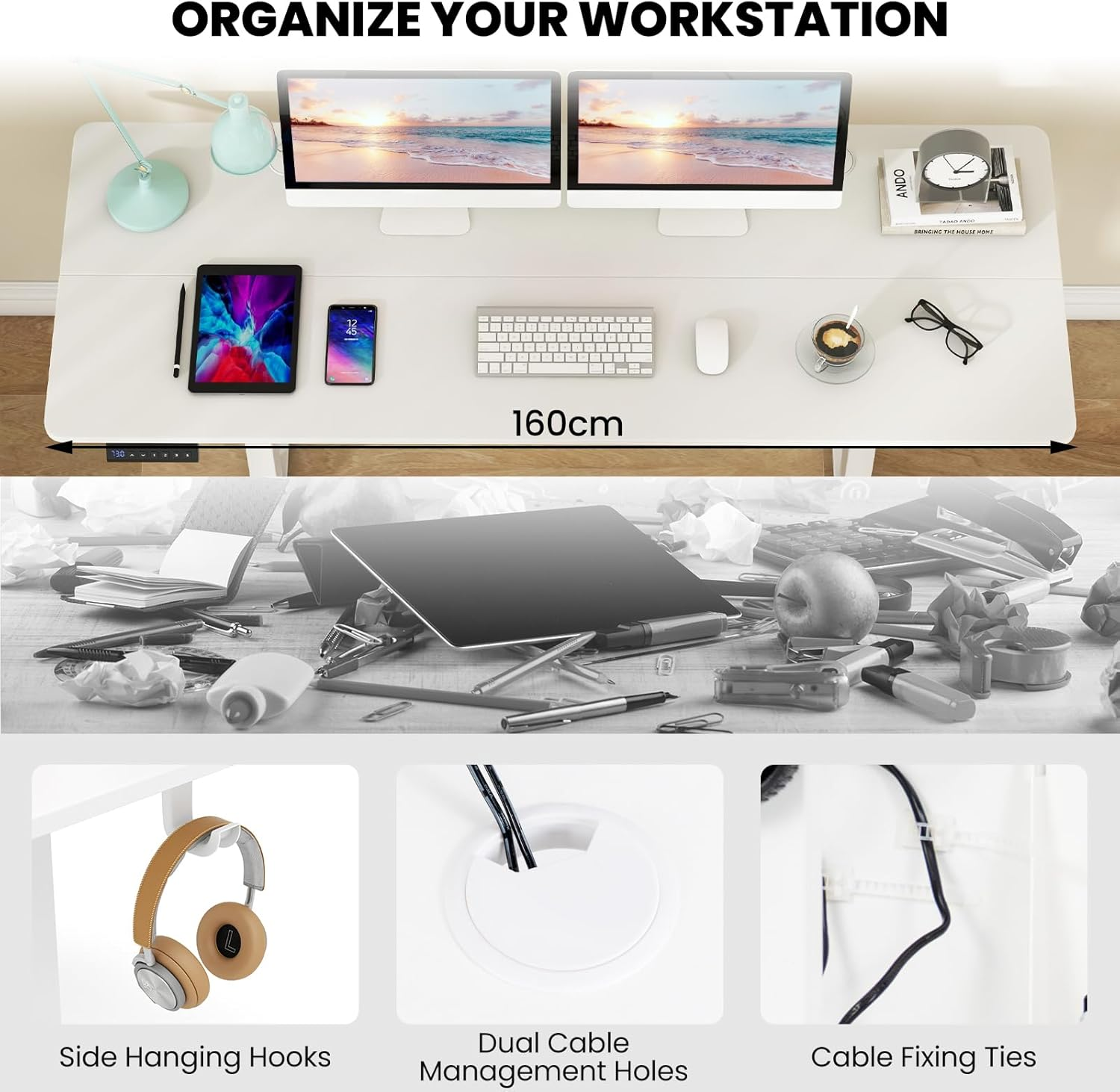 Giantex Electric Standing Desk, 160 X 60 Cm Large Sit Stand Desk W/ 3 Memory Heights, Height Adjustable Computer Desk W/ 2 Hanging Hooks & Cable Holes, Anti-Collision Design, for Home Office (White) - White image number 2