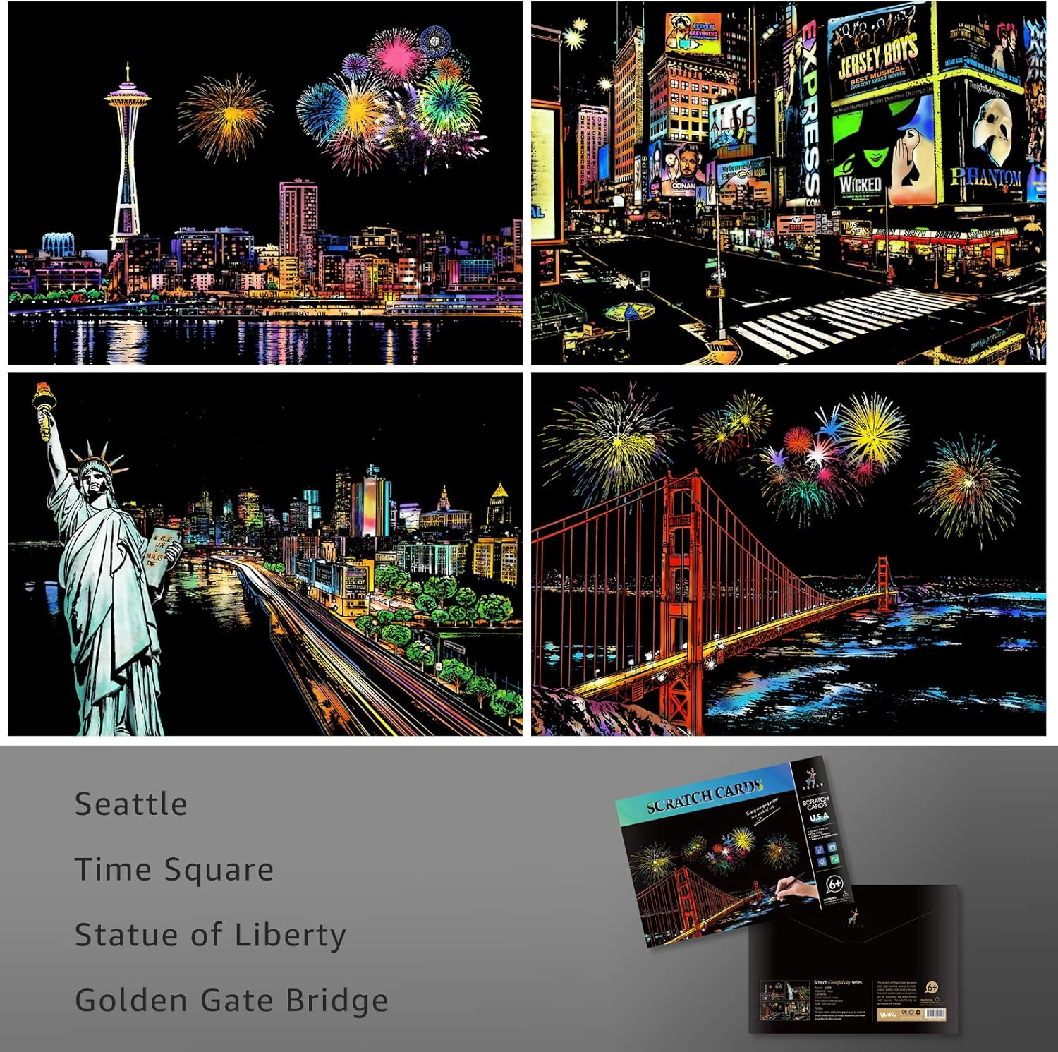 Scratch Art for Kids & Adults, Rainbow Engraving Painting Landscape Scratchboard(A4) Crafts Set: 8 Sheets with 4 Tools - New York, Statue of Liberty, Golden Gate Bridge, Manarola (America/Europe) image number 3