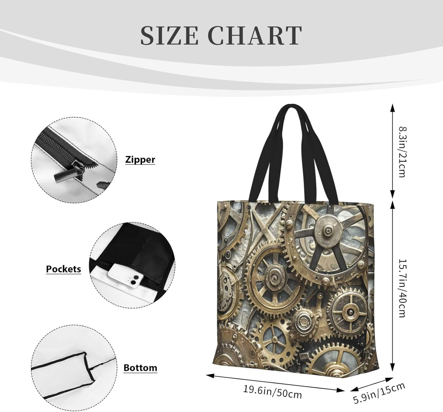 STVYUKL Cool Steampunk Gears Tote Bag for Women Casual Portable Shopping Handbags with Zipper Inner Pocket Reusable Waterproof Beach Grocery Bag for Shopping Travel Work, Black, One Size image number 2