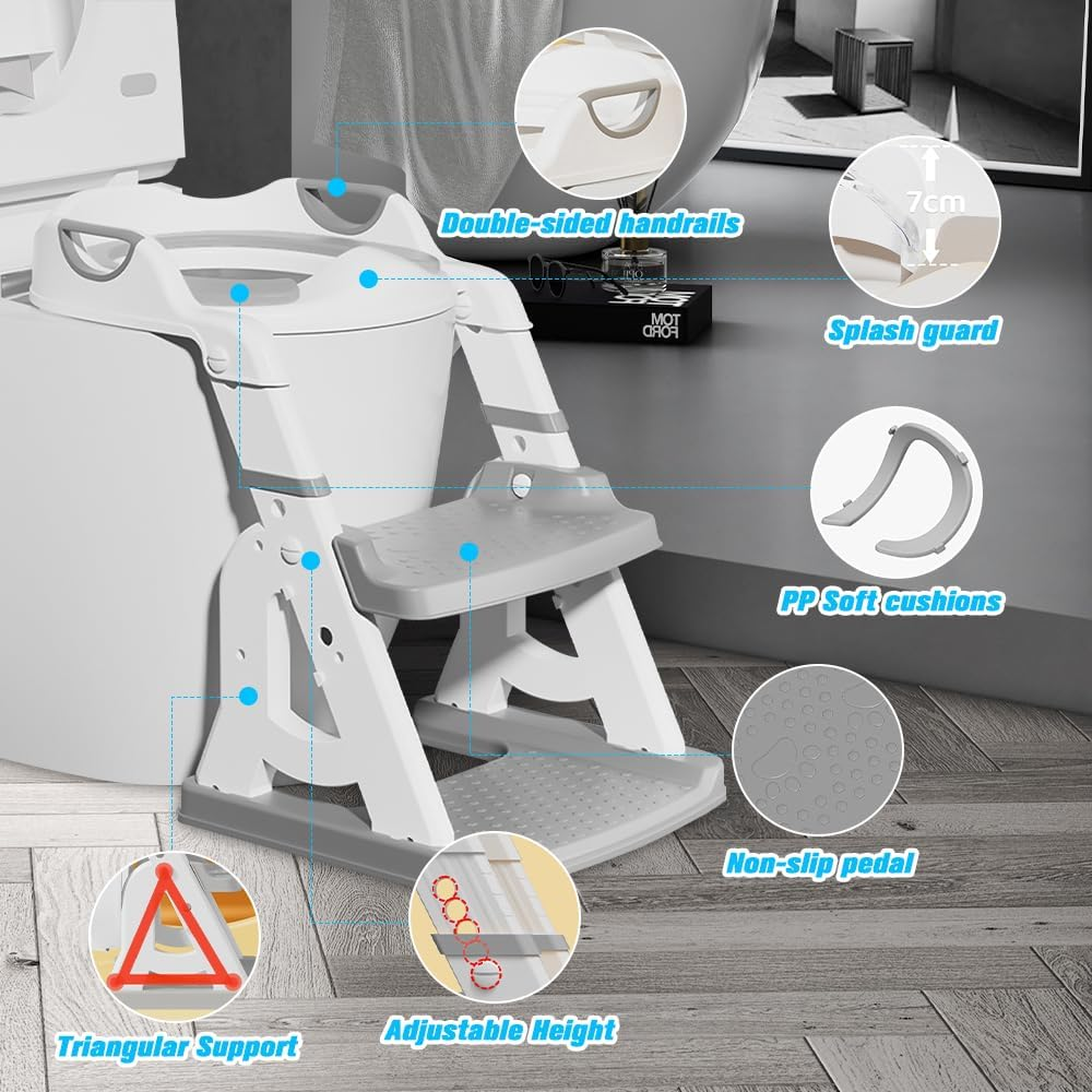 Necomi Potty Training Seat with Step Stool Ladder, Height Adjustable Toddler Potty for Kid Boys Girls, 2 in 1 Potty Training Seat with Non-Slip Pad Step Potty (Gray) image number 4