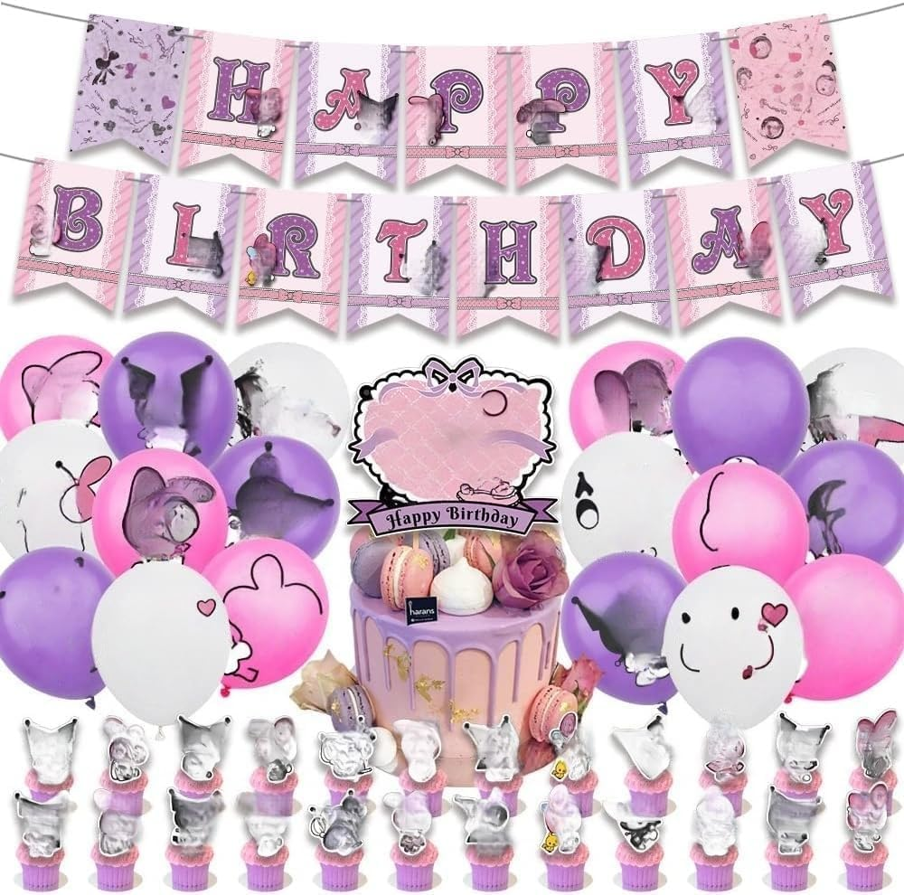 My Melody and Kuromi Birthday Decorations Party Supplies Kawaii Sanro Party Favor Include Happy Birthday Banner, Cake Topper,Balloon，Cupcake Toppers, Carton Decorations for Girls