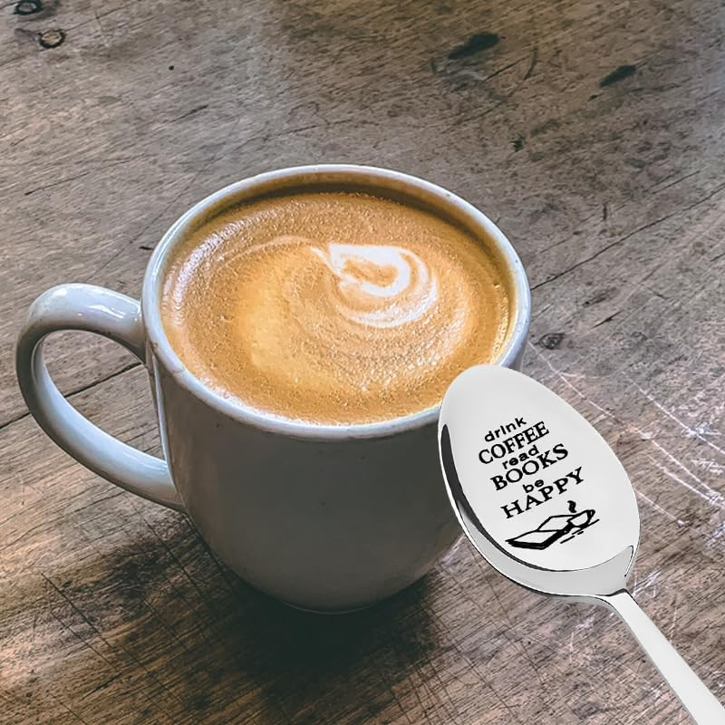 Coffee Reading Gifts for Women Men Coffee Lover Gifts Spoon Birthday Gifts for Reader Bookworm Book Lovers Gifts for Student Teacher Drink Coffee Read Books Be Happy Spoons image number 2