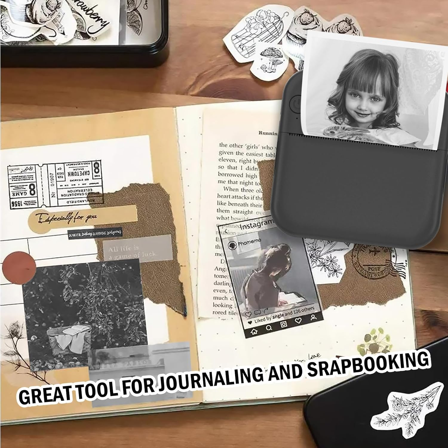 HUIJUTCHEN Inkless Mini Thermal Pocket Printer, Wireless Mini Sticker Printer with 10 Rolls Thermal Paper for Ios&Android, Portable Mini Photo Printer for Notes Journal Memo Photo Study, Black - Red image number 4