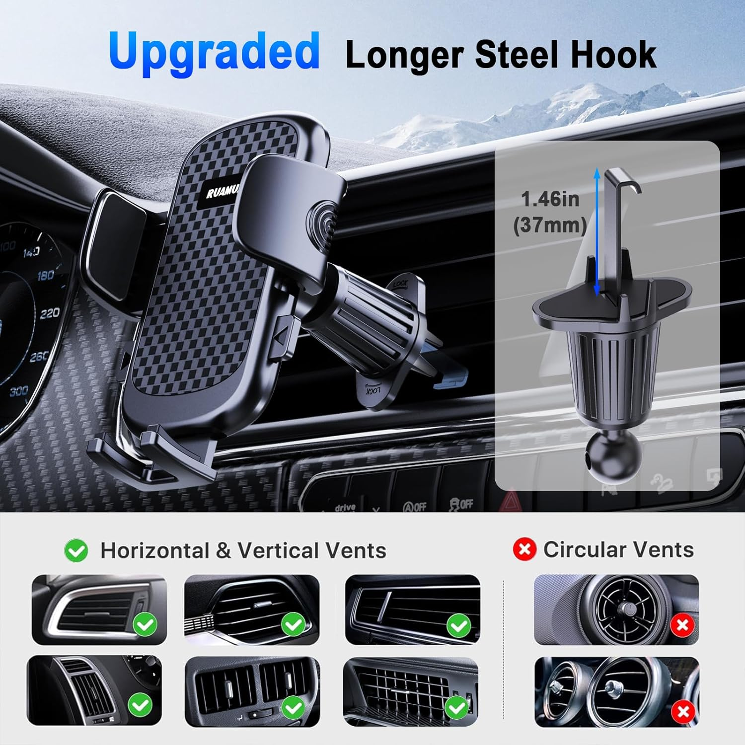 【2025 New】 Phone Holders for Your Car Vent Extended Metal Hook【Ultra-Stable】【Wider Clamp & Fit Thicker Case】 Cellphone Car Mount for Iphone 16 Pro Max 15 plus 14 13 12 Android Samsung S24 Ultra Pixel image number 2