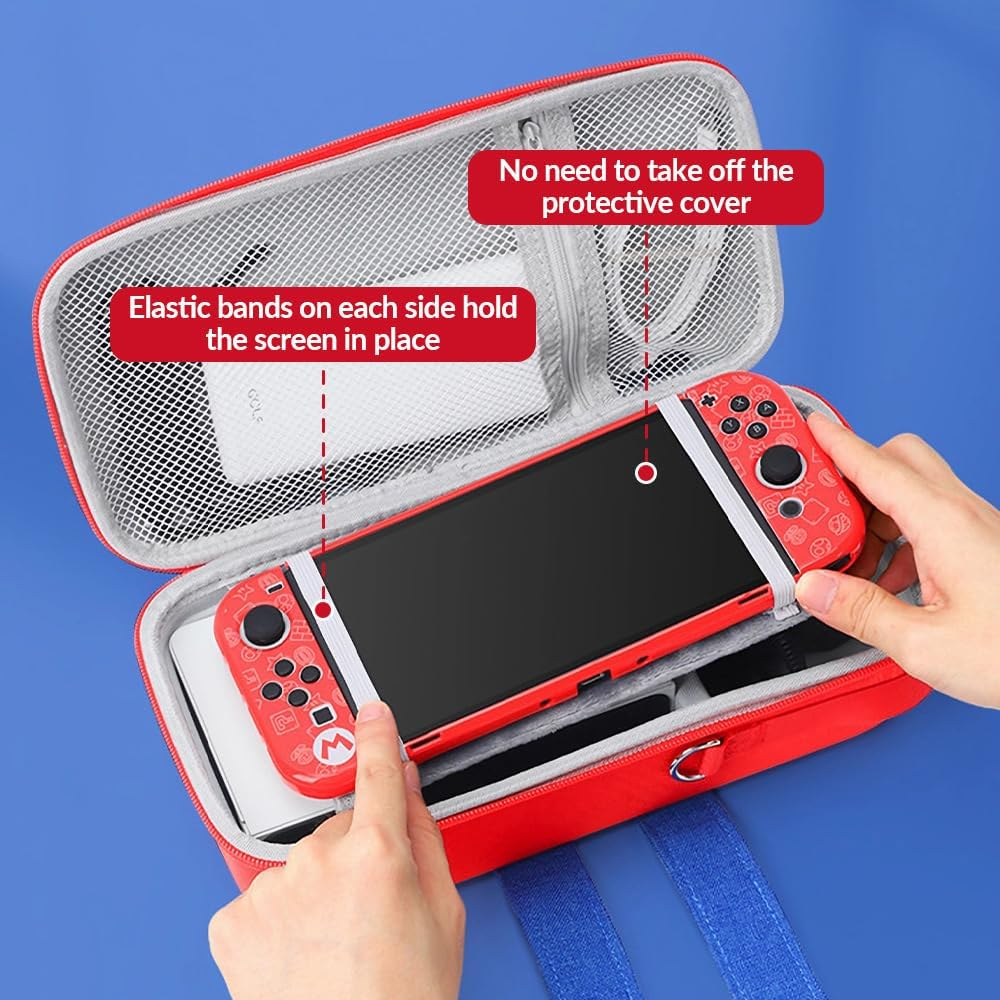 WOTOW Case for Nintendo Switch/Switch OLED, Red Blue Portable Soft Shell Storage Bag with 10 Switch Game Cards Case, Kawaii Cartoon Character Protective Travel Pouch for Console and Accessories