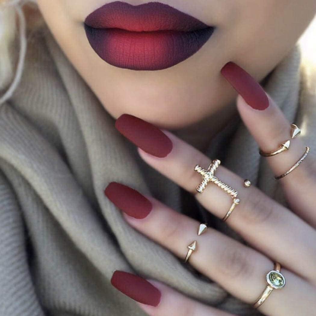 Matte Super Long False Nails Coffin Ballerina Extra Long Press on Nails Acrylic Fake Nails Acrylic Full Cover Nails 24Pcs (Wine Red) - Red image number 2