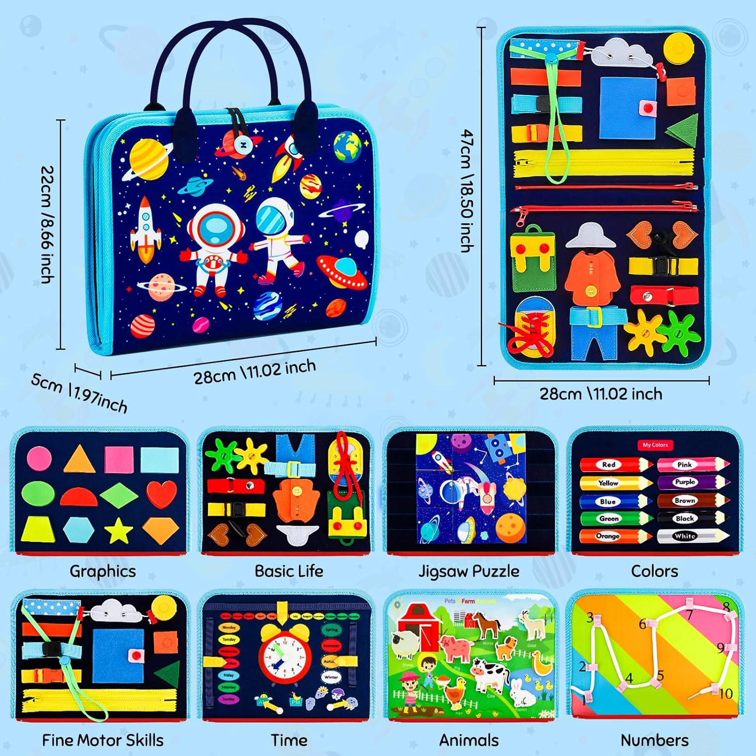 Busy Book Quiet Book Educational Activities Busy Board for Preschool Montessori Toys for Toddlers Felt Sensory Toys Toddler Travel for Plane Kids Travel Activity Pack Christmas Toy for Boys (Blue) image number 1