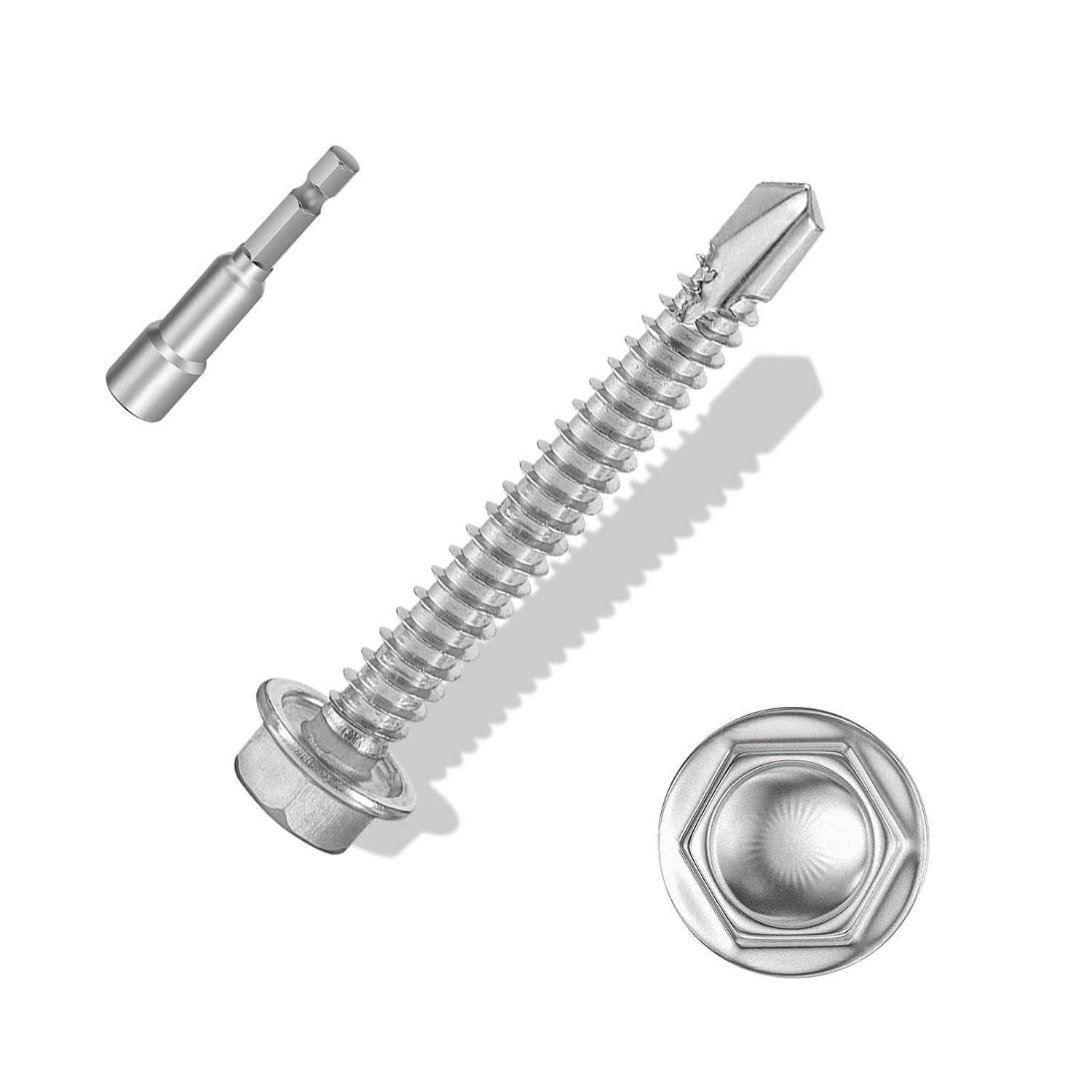 #8&times;1-1/4&Prime; (100Pcs) 410 Stainless Steel Self Drilling Screws, Hex Washer Head Fast Self Tapping Screws image number 1