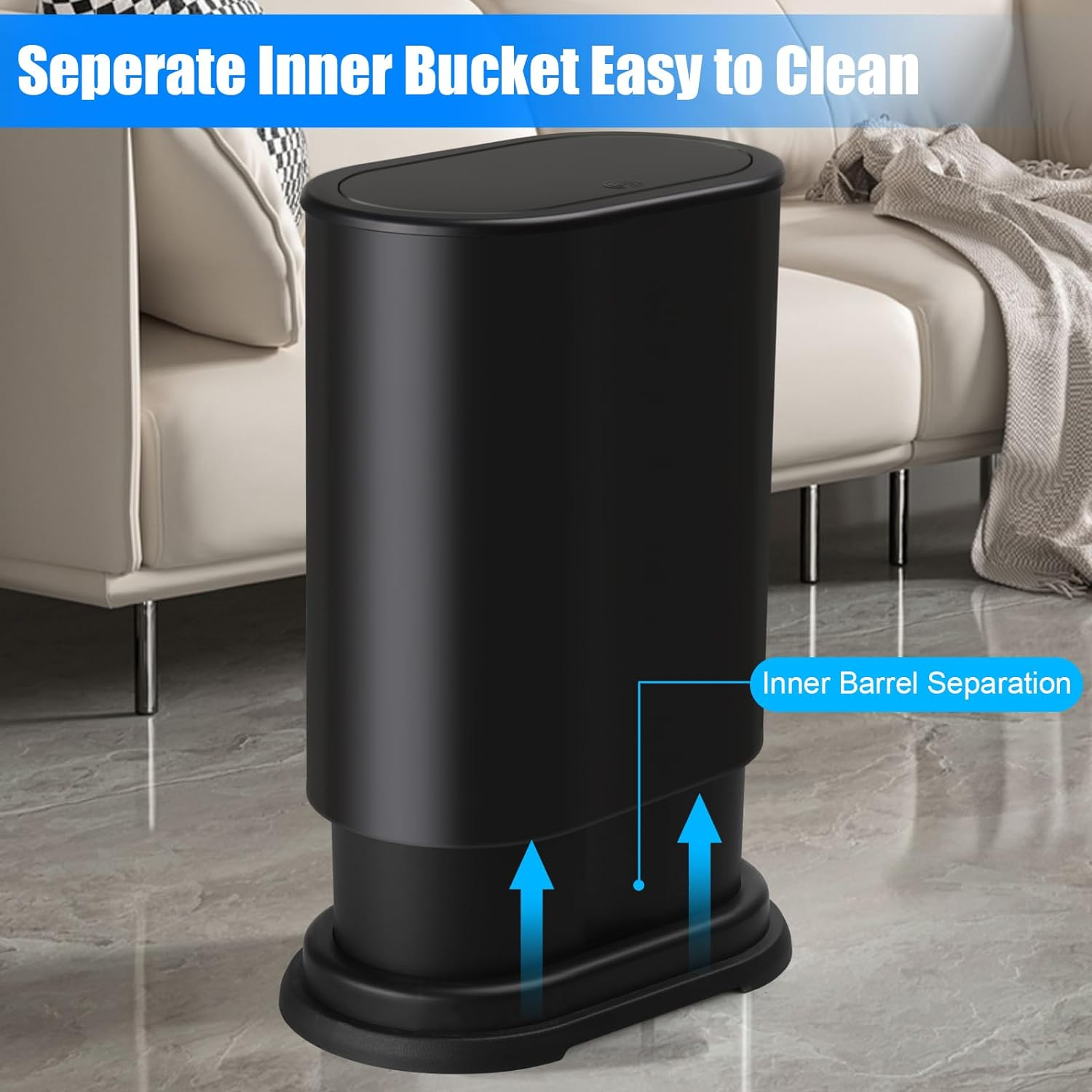 Anzoymx Stainless Steel Bathroom Trash Cans 1.8 Gallons Small Garbage Can with Pop up Lid, Metal Narrow Wastebasket, Slim Waterproof Litter Trash Bins Set for Bedroom, Toilet, Office (Black) image number 4