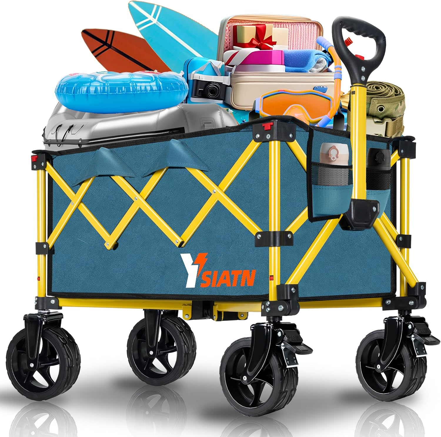 Collapsible Folding Wagon Cart with Tailgate - 300Lbs Heavy Duty Foldable Utility Wagon and Brake Wheels - 100L Lightweight Grocery Wagons for Shopping Camping Sports Garden, Blue