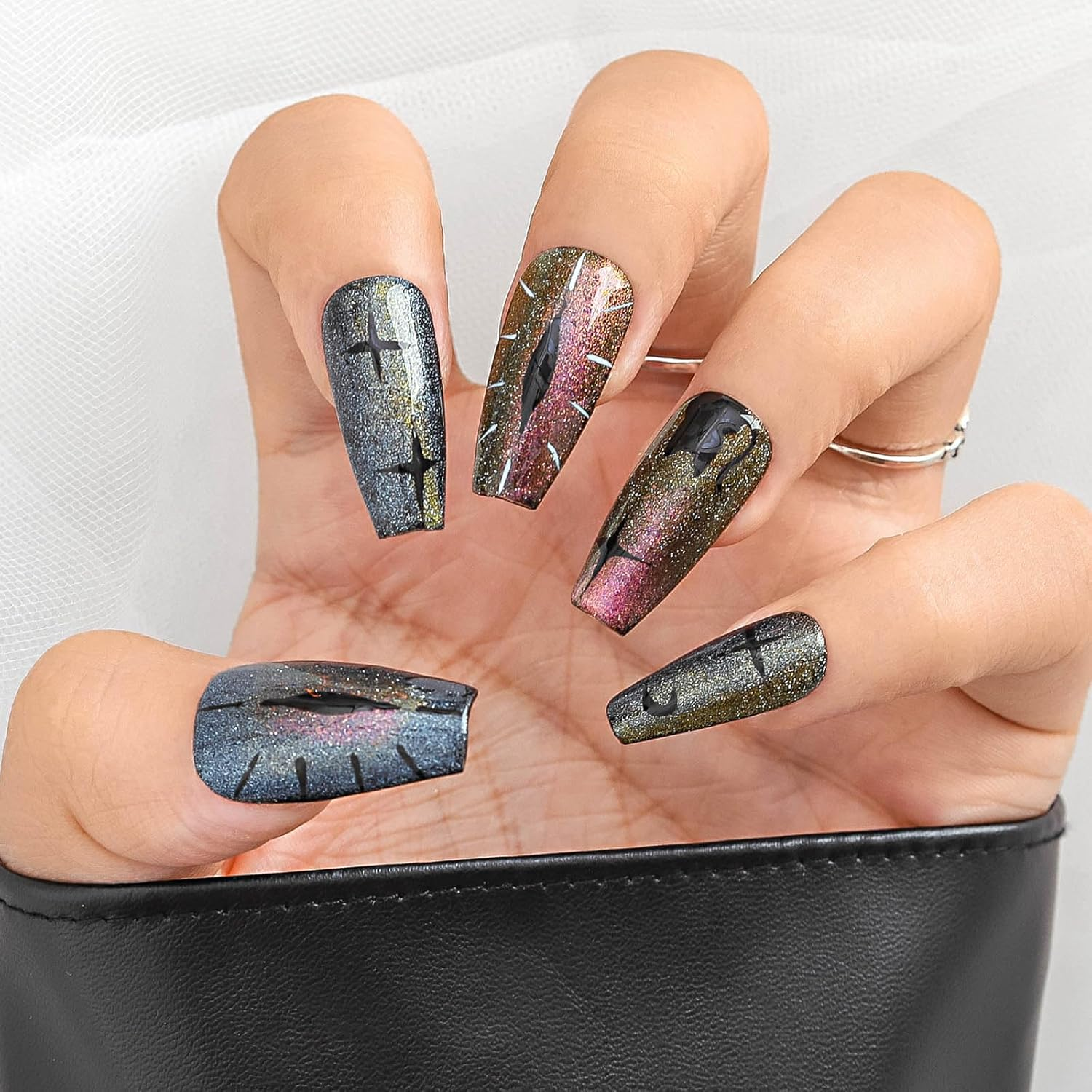 Sethexy Long Coffin Cat Eye False Nails Handmade Painted Sparkling Acrylic Shiny Press on Nails for Women and Girls 20 Pieces (T)