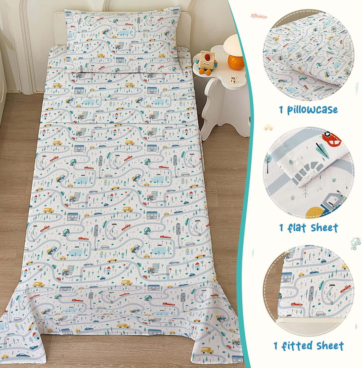 Bedmoon Boys Twin Sheets, Kids Car Truck Soft Microfiber Twin Sheets & Pillowcases with Elastic Corner Straps, White image number 2
