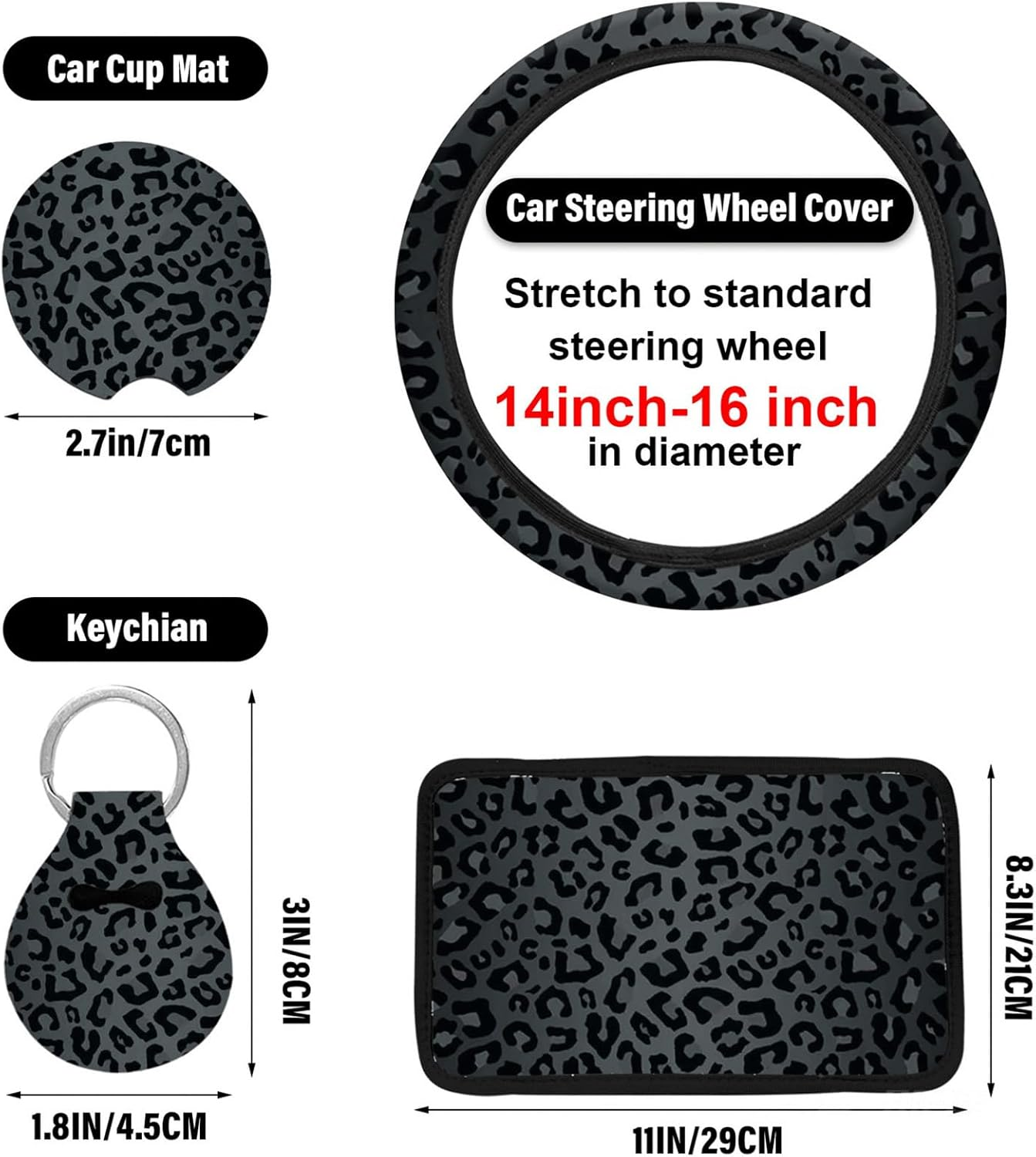 15 Pcs Black Leopard Print Printing Car Steering Wheel Cover Center Console Armrest Pad Headrest Seat Belt Cover Handbrake Cover Keychain Coaster Full Set Car SUV image number 2