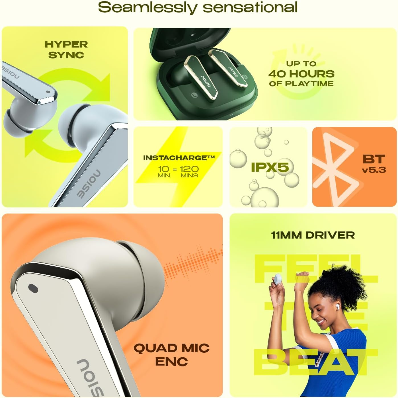 Noise Buds N1 In-Ear Truly Wireless Earbuds with Chrome Finish, 40H of Playtime, Quad Mic with ENC, Ultra Low Latency(Up to 40 Ms), Instacharge(10 Min=120 Min), BT V5.3(Calm Beige) - Beige image number 2