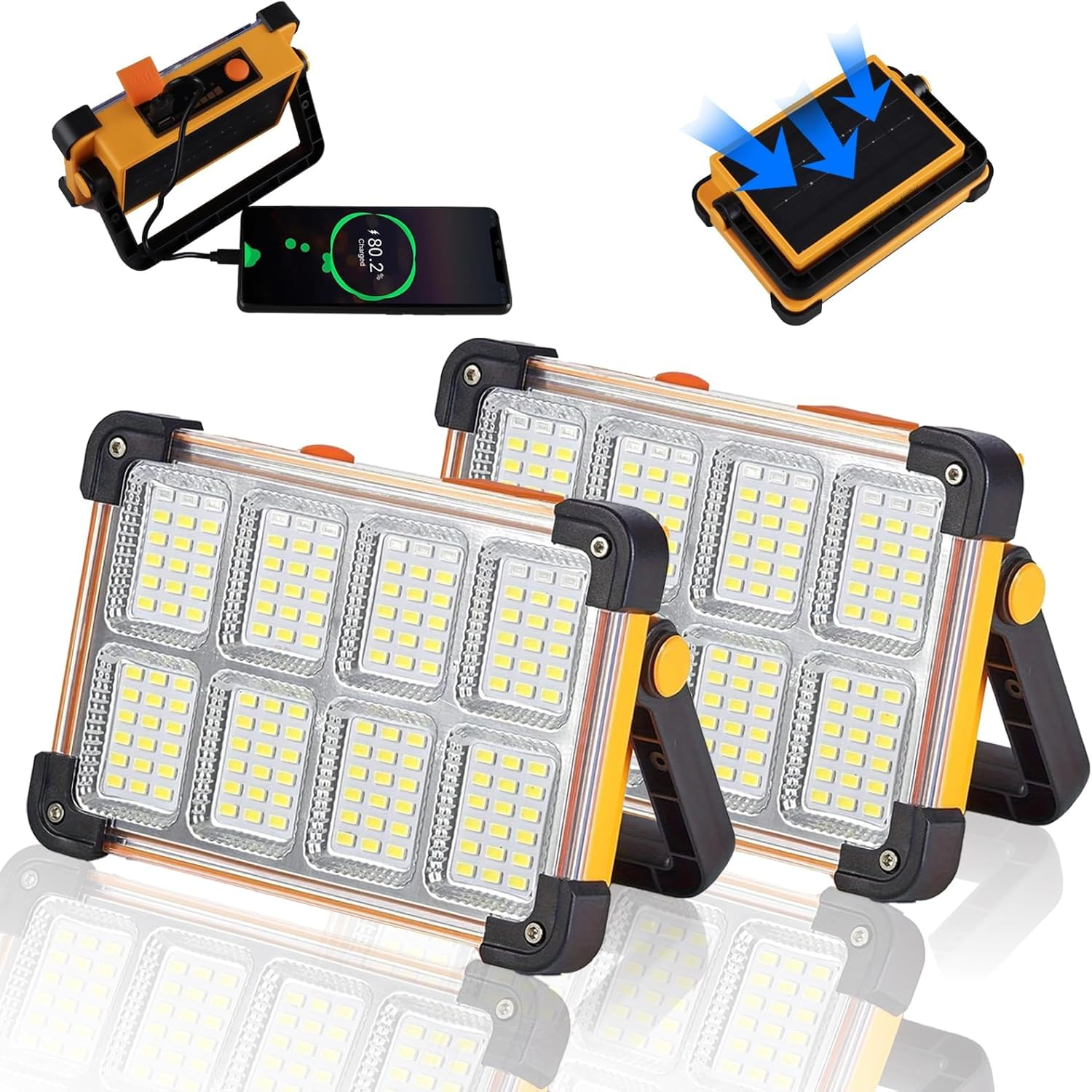 2 Pack 120W Solar Rechargeable Work Light, 144 LED 10000LM Portable Flood Light with Stand, IP66 Waterproof Power Bank 4 Modes LED Job Site Lighting Flashlights for Mechanic Camping Fishing Car Repair image number 4