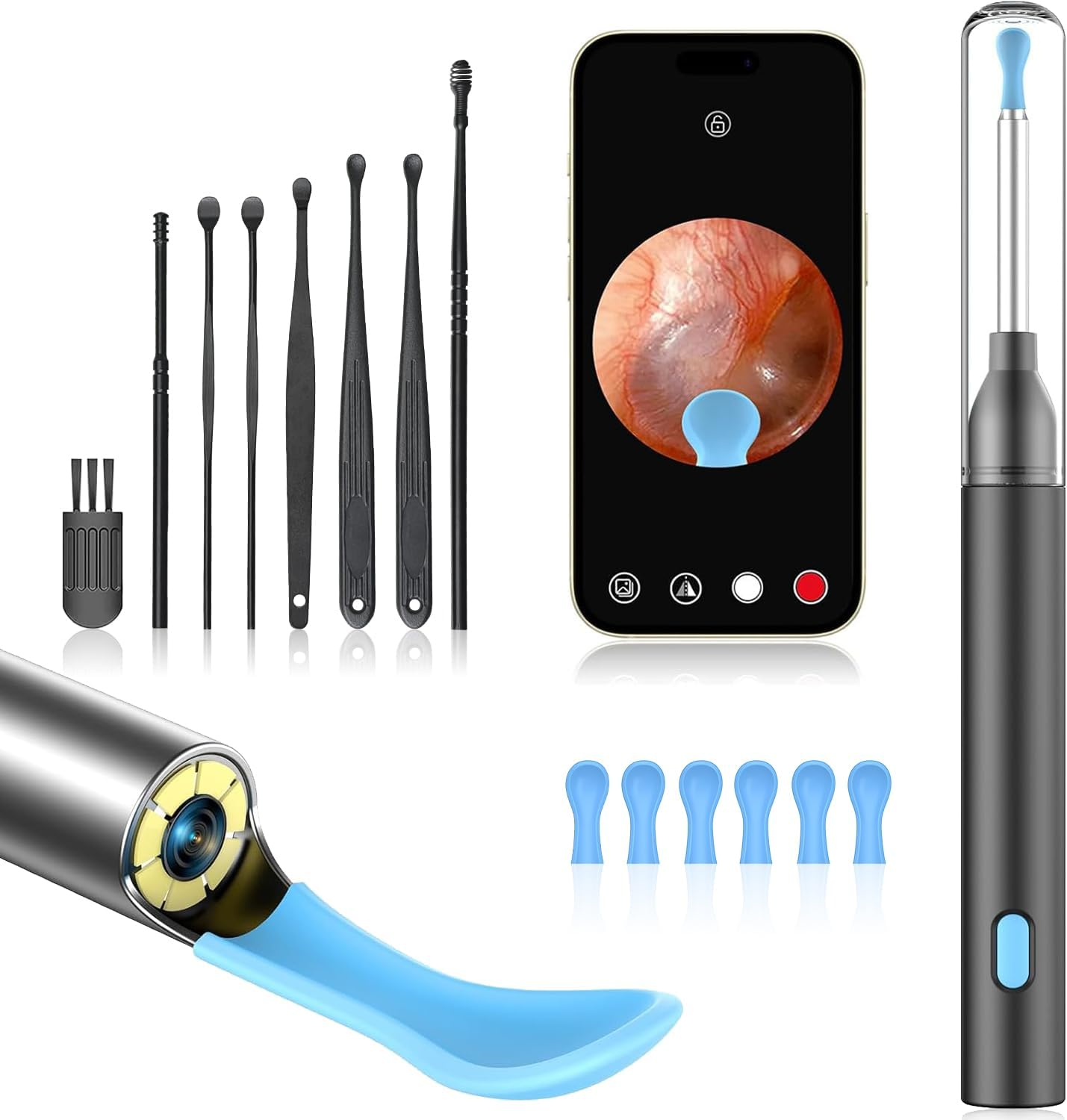 Ear Wax Removal Tool with 1080P Camera - FDA Eligible Ear Cleaner with Camera, Ear Camera Wax Removal with 6 LED Lights, 6 Spoons - Ios & Android-Compatible Earwax Removal Kit with Camera for Adults & Kids (Black)