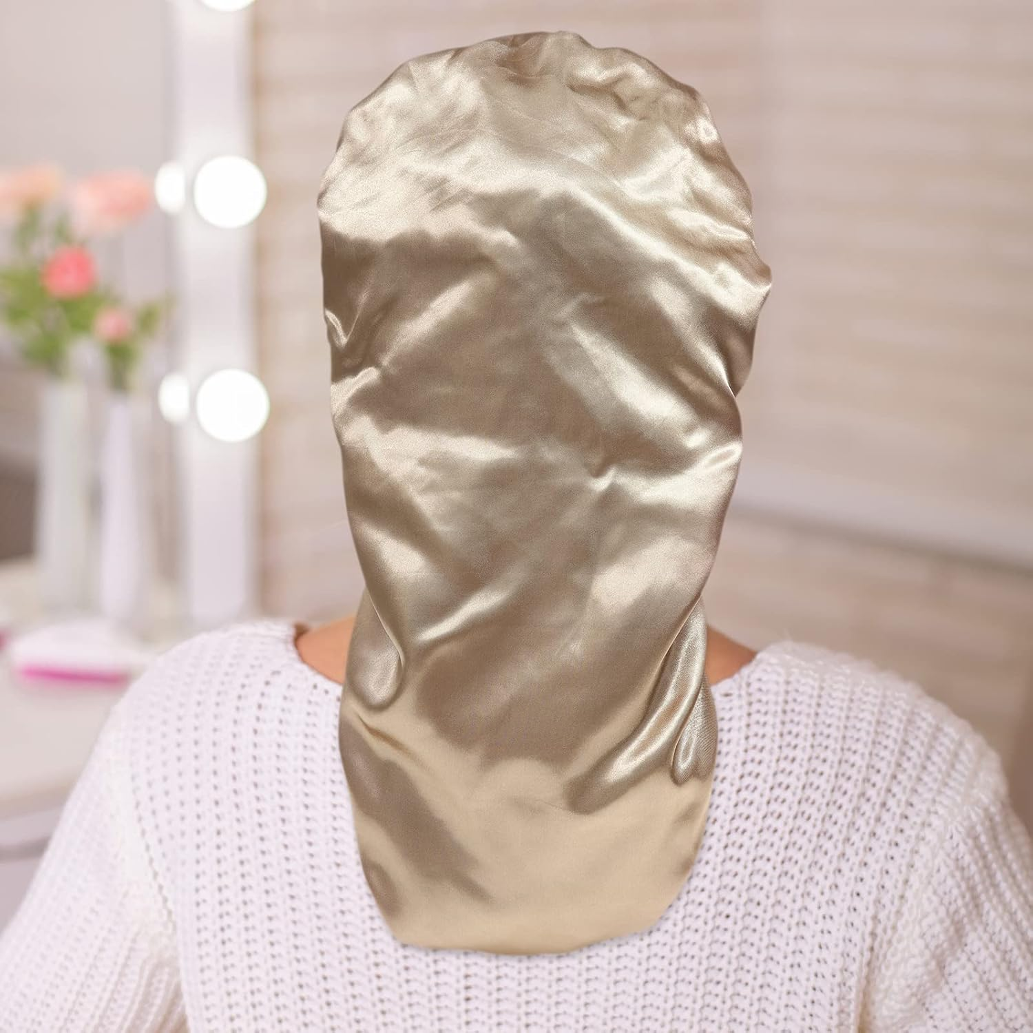Long Satin Bonnet for Women - Double Layer Elastic Silk Bonnet for Braids Hair Sleeping Cap with Tie Band (Gold) image number 1