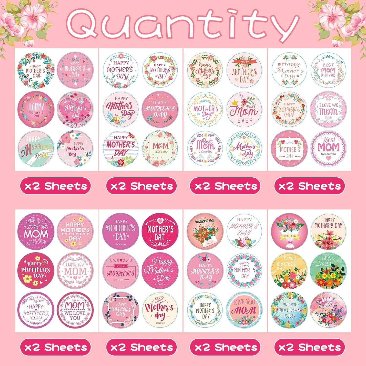 Mother'S Day Stickers,96Pcs Mom Tags Labels Bulk,16 Happy Mothers Day Stickers Sheets 2 Inch Large round Self-Adhesive Envelope Seals for Gift Wrap Present Box Tag Letter Card Decoration image number 3