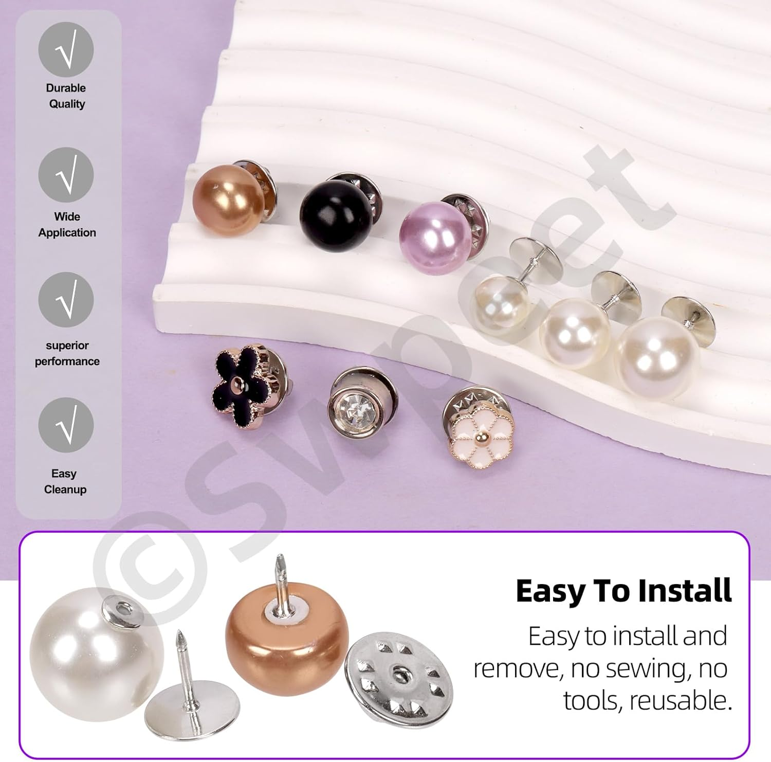 Swpeet 45Pcs 9 Styles No Sew Pearl Buttons Anti-Exposure Fixed Brooches Pearl Pins Women Shirt Brooch Buttons Cover up Button Pin Safety Brooch Buttons for Clothing Dress Sweater Shoes image number 5