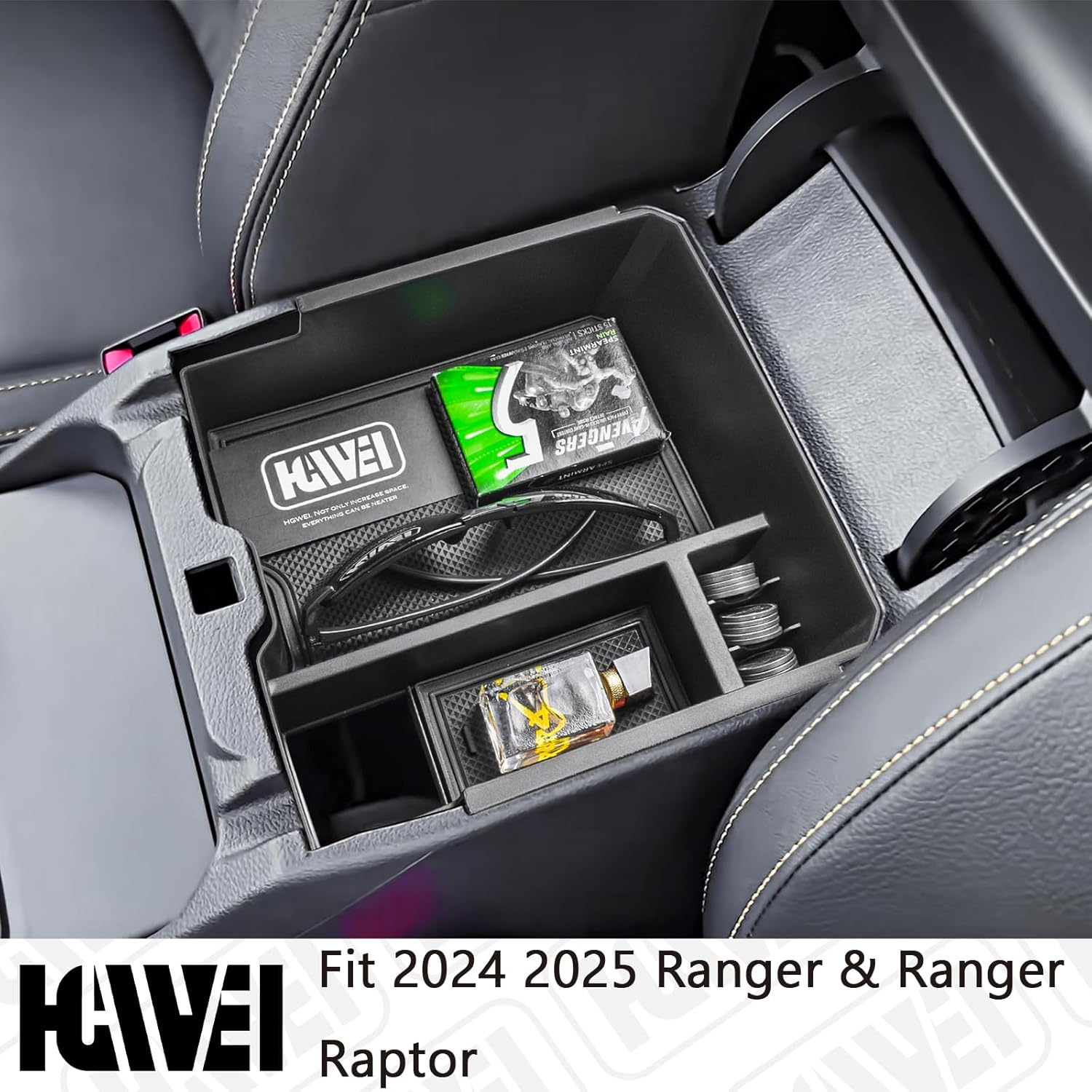 Center Console Organizer Tray Compatible with 2024 2025 Ford Ranger & Ranger Raptor Interior Accessories, Coin Container Armrest Storage Box(Electric Handbrake Version), Black - Black image number 4