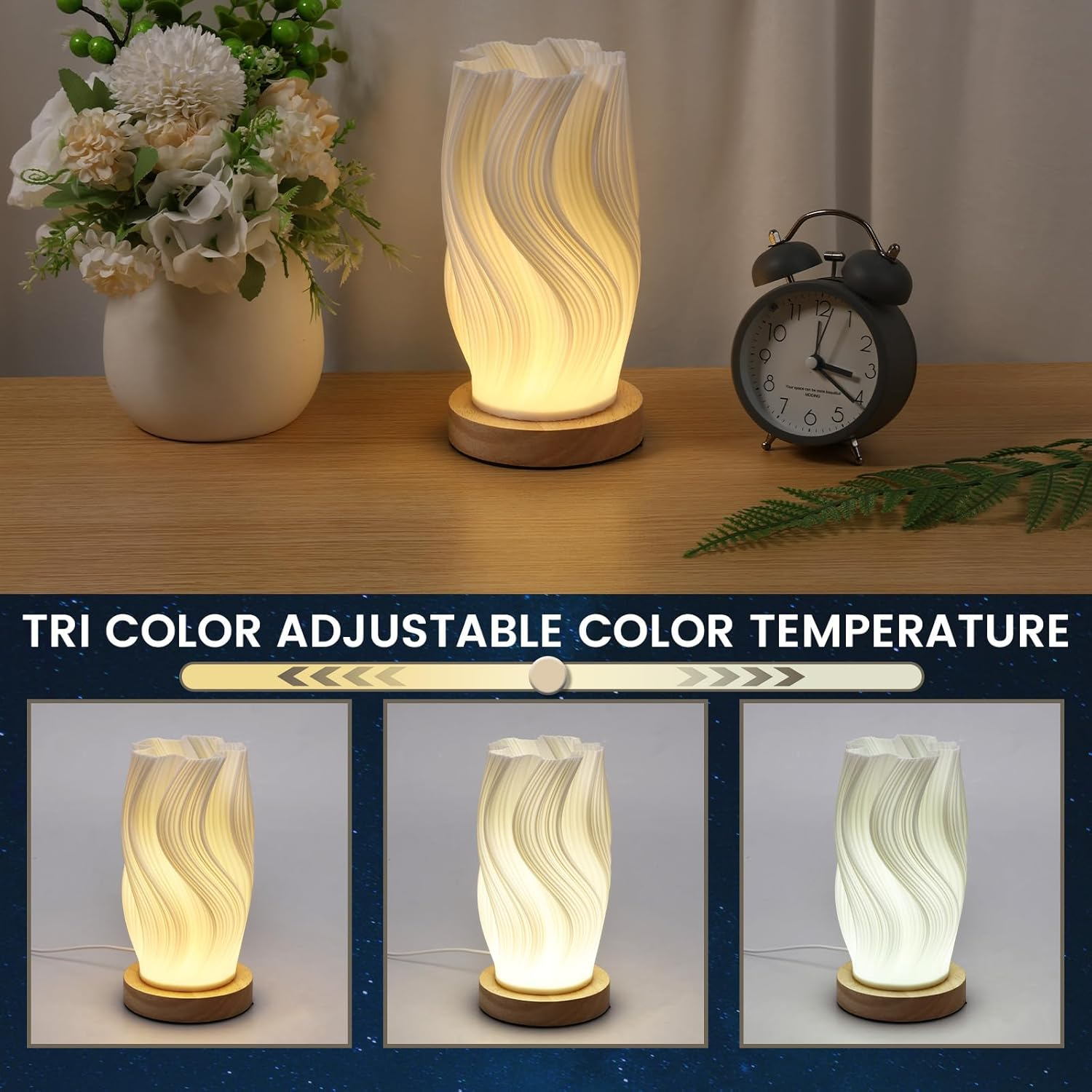 Table Bedside Lamp with Woodbase, Versatile Touch Control Table Lamp for College Dorm, Nightstand PLA Lampshade Living Room Bedroom (Black) image number 4