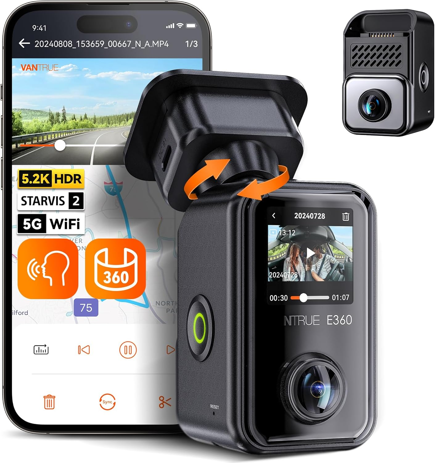 Vantrue E360 5.2K 360&deg; Panoramic Dash Cam, 5Ghz Wifi&Gps, Dual STARVIS 2, HDR,8 IR Night Vision, Front and inside Dash Camera, Voice Control, Touchscreen, 24/7 Buffered Parking Mode, Support 512GB Max image number 5