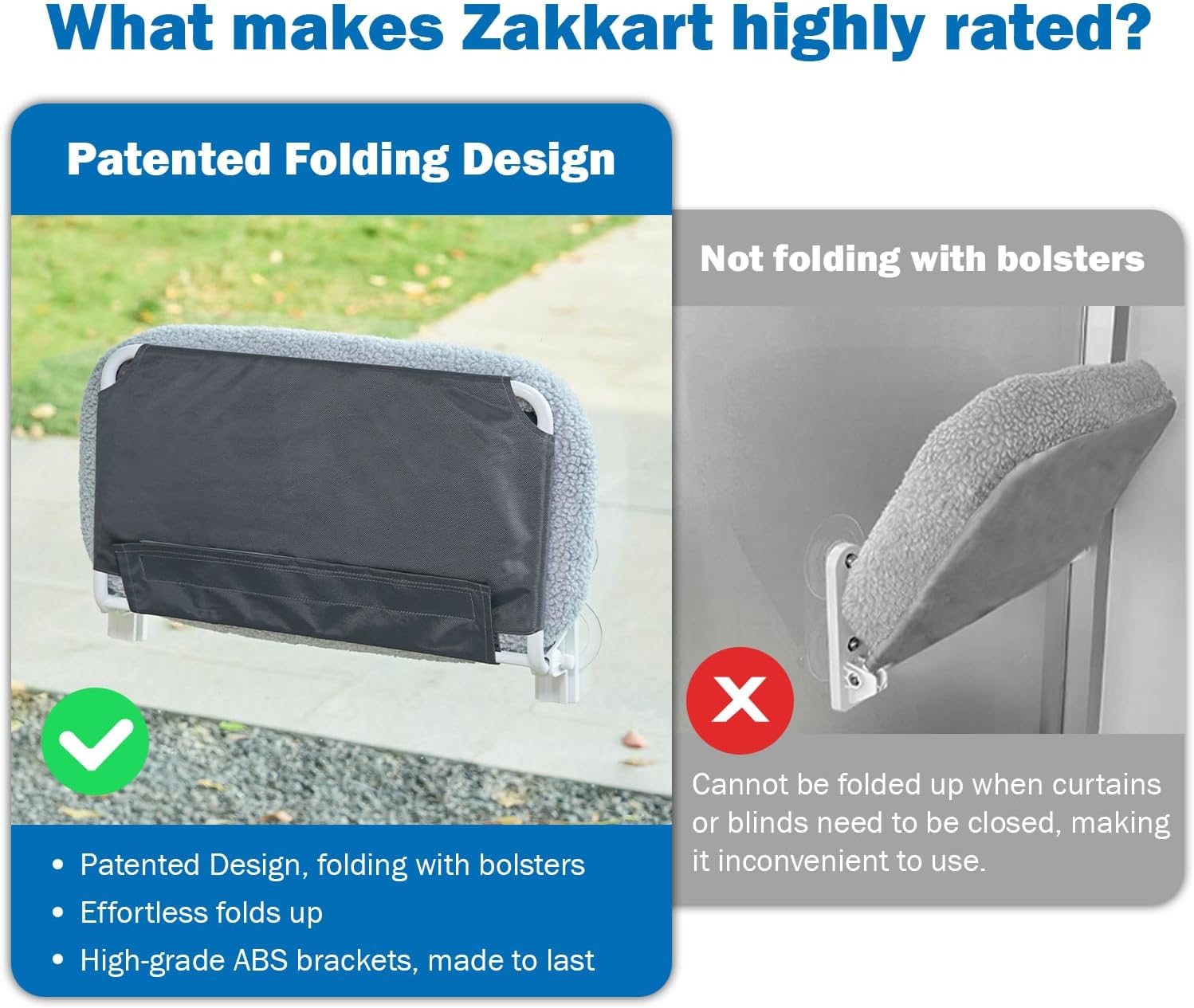 Zakkart Foldable Cat Hammock for Window - Cordless, Embeded Machine Washable Bed, Robust Metal Frame - Cat Window Perch for Large Cats and Kittens (Gray Bolster Bed, Medium)