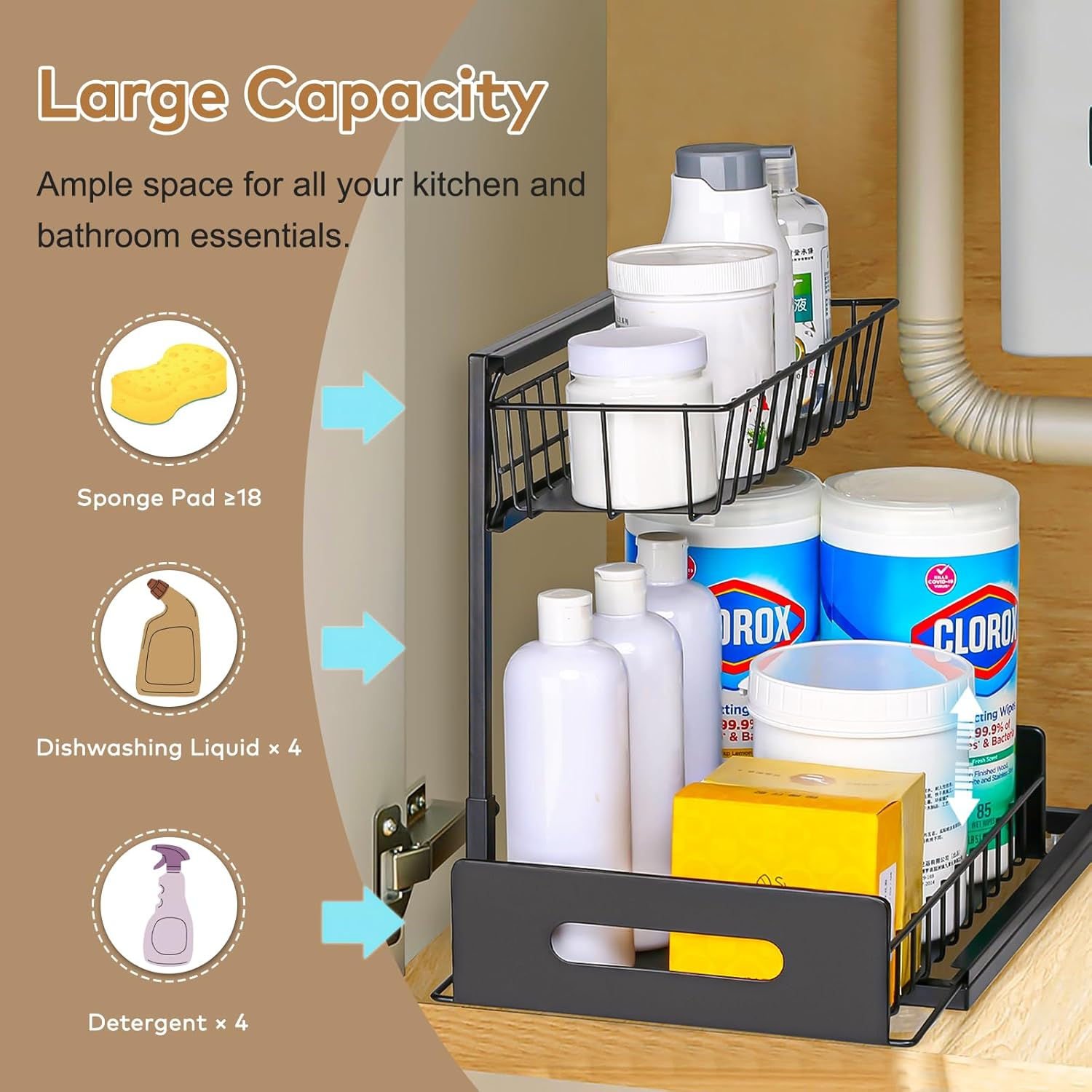 2 Pack under Sink Organiser, 2-Tier under Sink Storage Shelf Height Adjustable Durable Metal Sliding Drawers for Bathroom Kitchen Cabinet Storage under Sink Storage & Organisation (2 Pack Black) image number 2