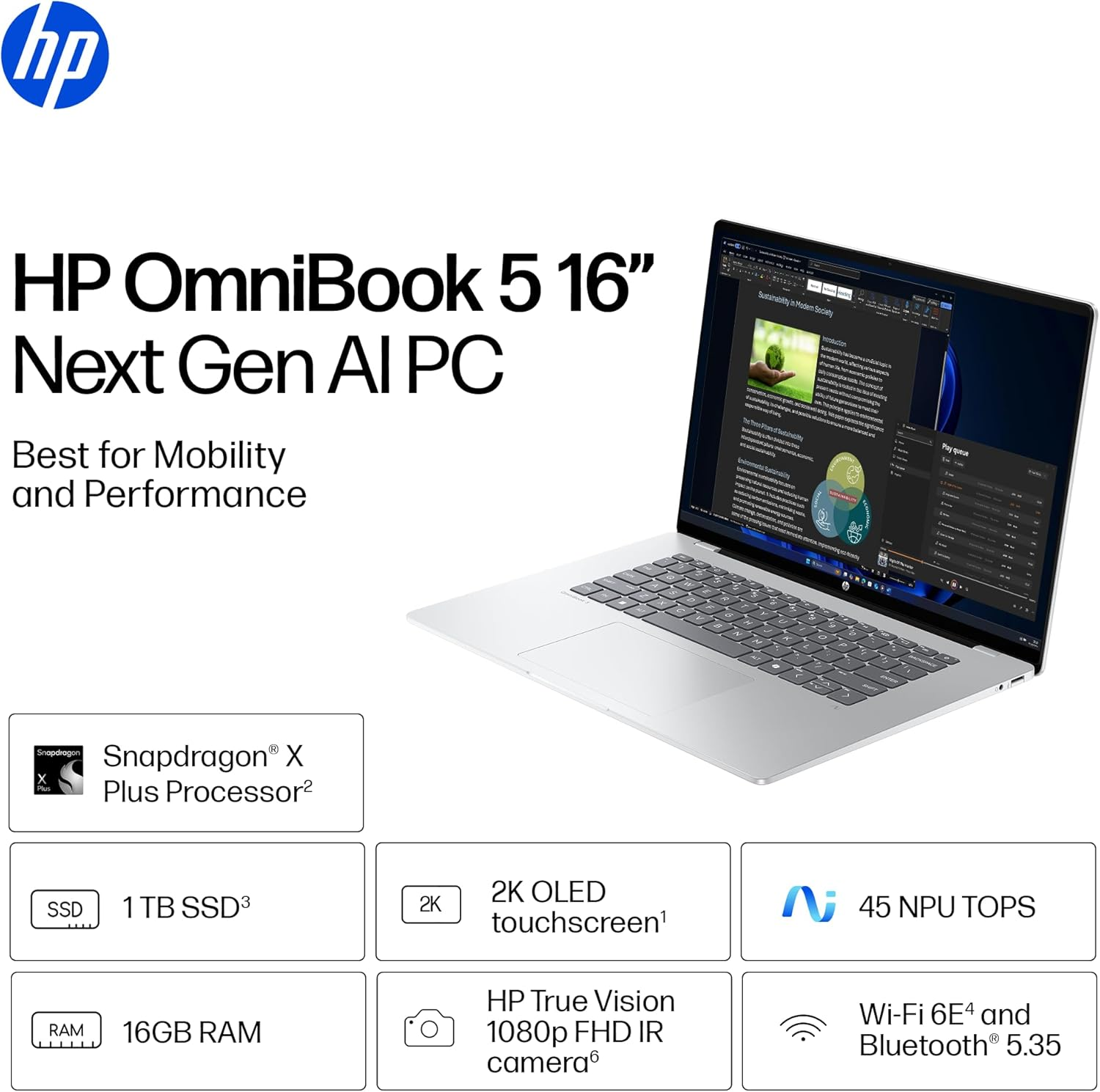 HP Omnibook 5 Next Gen AI 16" Laptop, 2K OLED Display, Qualcomm&reg; Snapdragon&reg; X Processor, 16GB RAM, 512GB SSD, Windows 11 Home, Glacier Silver, C42DWPA image number 6