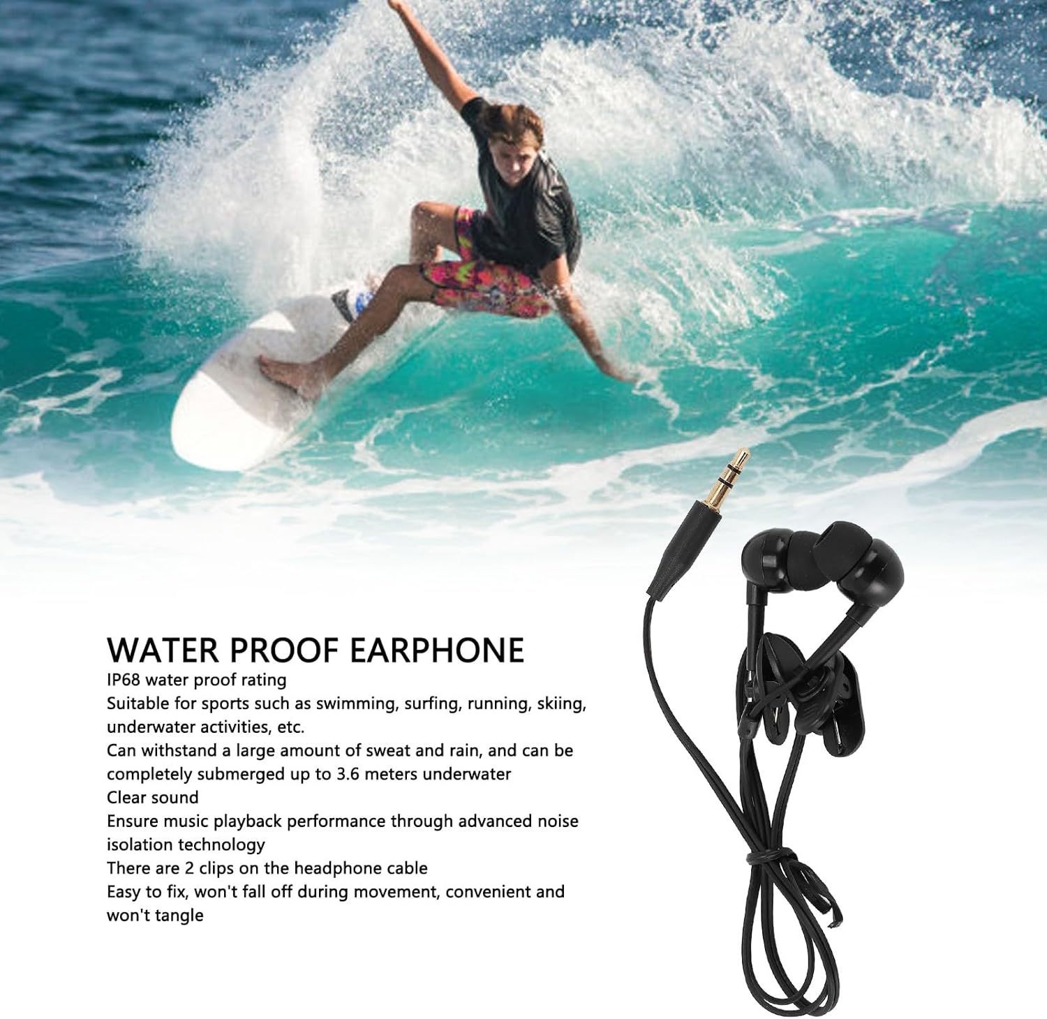 Luocute IP68 Waterproof In-Ear Earphones, Spiral Cable Swimming Earphones, Waterproof Headphones, 40 Cm Short Cable, 3.5 Mm Plug, IP68 In-Ear Earphones with 8 Earplugs image number 4