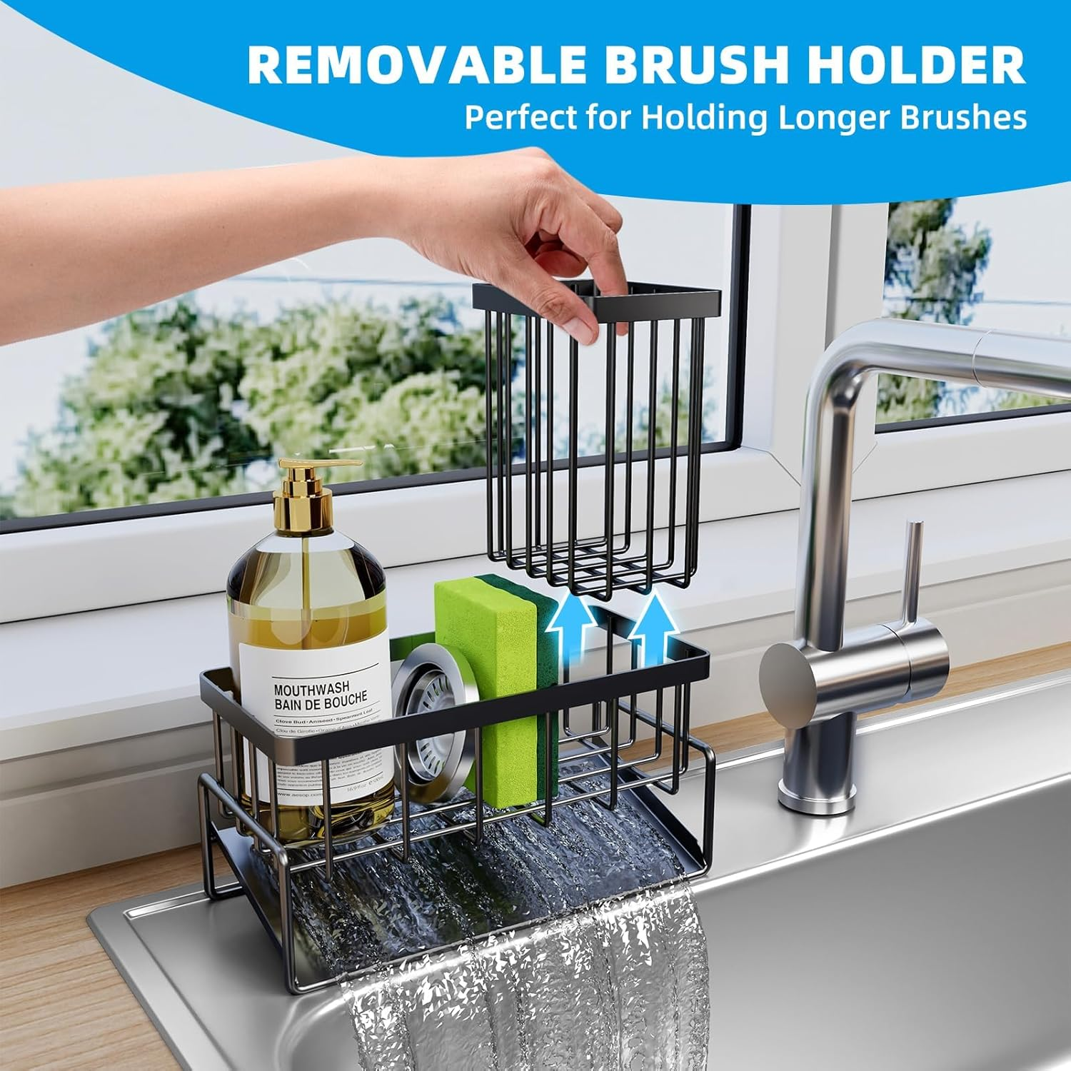 Sponge Holder for Kitchen Sink Caddy Organizer, Soap Sponge Caddy with Brush Holder, Rustproof Sink Accessory with Dividers for Storage Kitchen Gadgets image number 5