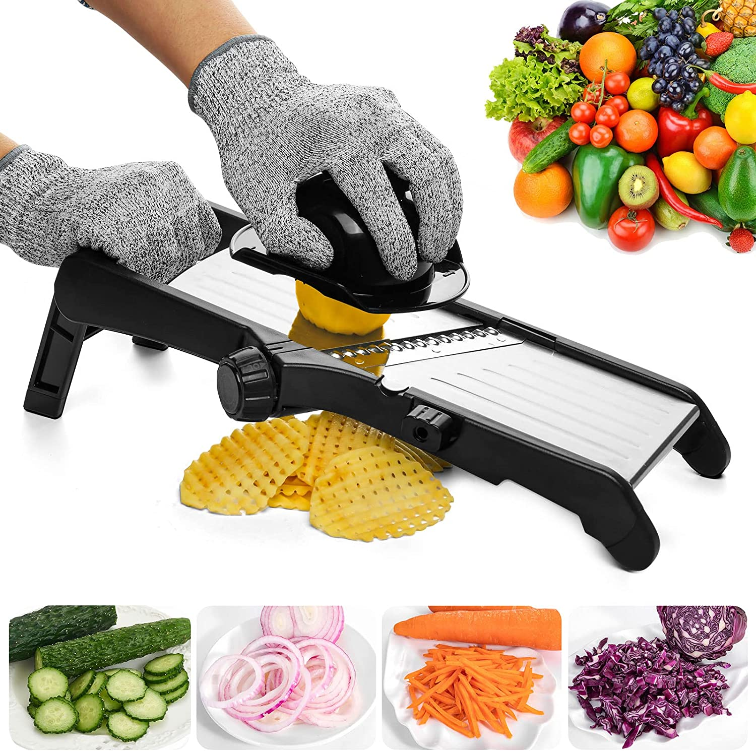 VEKAYA Mandoline Slicer,Mandoline Food Slicer for Kitchen,Mandolin,Potato Slicer,Vegetable Chopper,Adjustable Stainless Steel Veggie Onion Tomato Julienne Cutter with Cut-Resistant Gloves