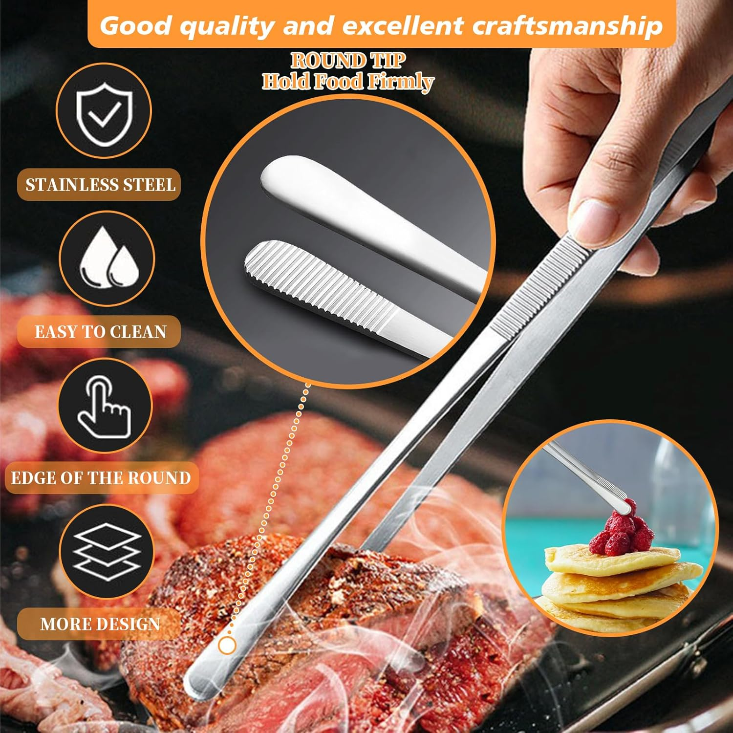 4 PCS Kitchen Fine Tweezer Set, 2 PCS round & 2PCS Straight Serrated Tips Tongs Tweezer, 25CM & 30CM Cooking Tweezers, Stainless Steel Food Tweezers for Sea Food BBQ Medical Beauty Repairing (4Sivery) image number 1