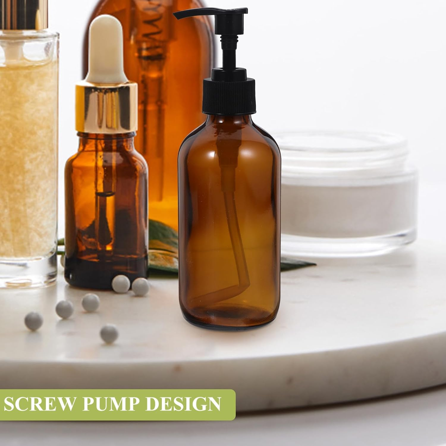 FINISPERSOO 4Pcs 250Ml Light Brown Glass Pump Bottles Set, Refillable Lotion Dispensers for Shampoo, Shower Gel, and Liquid Soap, Portable Travel Containers for Home and Hotel Use