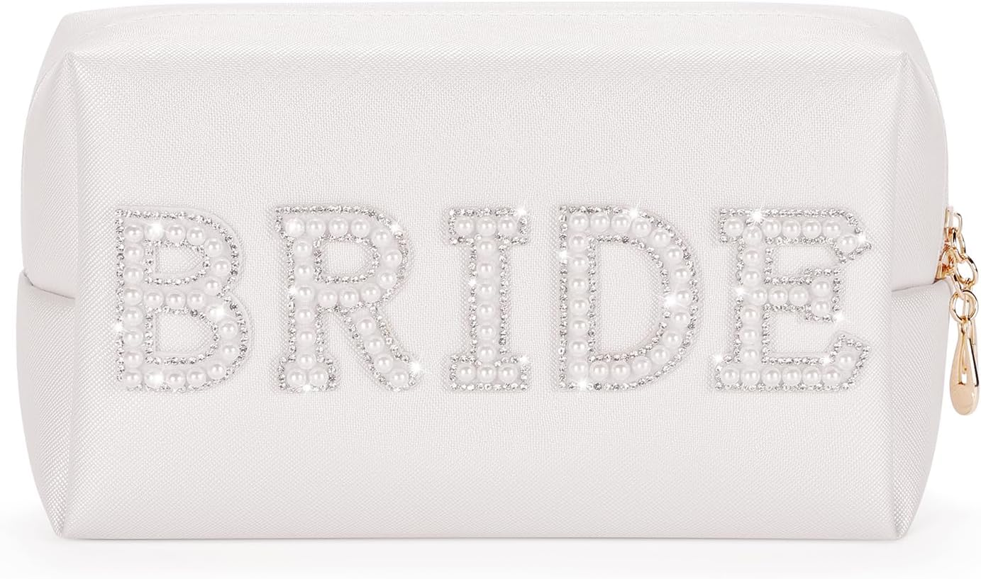 Etercycle Bride Letter Makeup Bag, Bride to Be Gifts Bling Pearl Rhinestone Patch Cosmetic Bag, Waterproof PU Travel Toiletry Bag for Bachelorette Party Wedding Bridal, Silver image number 6
