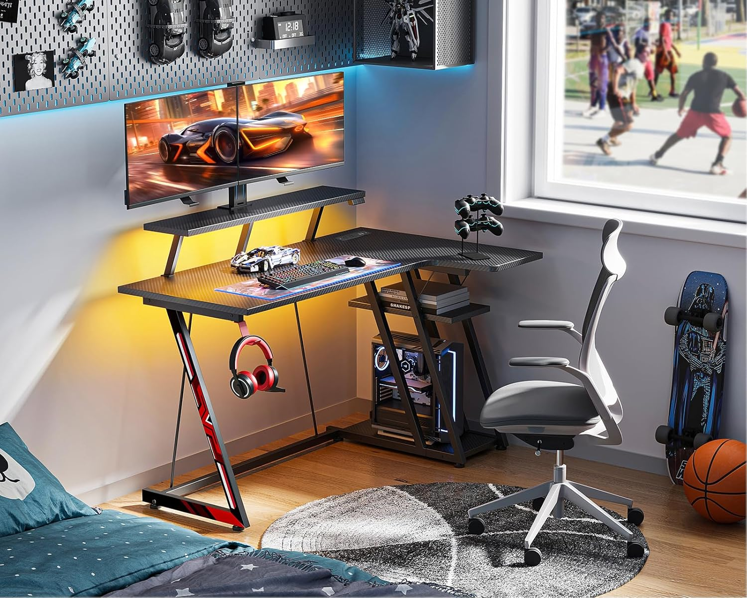 ODK L Shaped Gaming Desk with LED Lights& Power Outlets, Gaming Table with Monitor Stand, Corner Gaming Desk with Storage&Hook,Modern Simple Computer PC Desks, 120 * 70 * 92.8Cm, Carbon Fiber Black image number 4