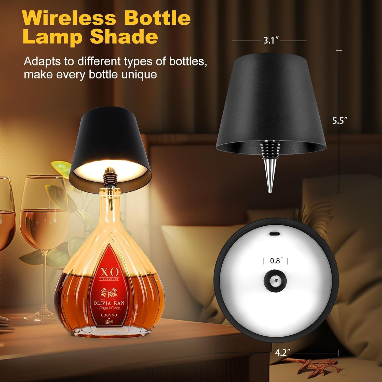 Wireless Bottle Lamp 2000Mah, Touch Table Light with 3 Color Stepless Dimming, Rechargeable Atmosphere Touch Lamp for Bars, Cafes, Restaurants, Bedrooms, Outdoor Environments (Black, 1Pcs) image number 2