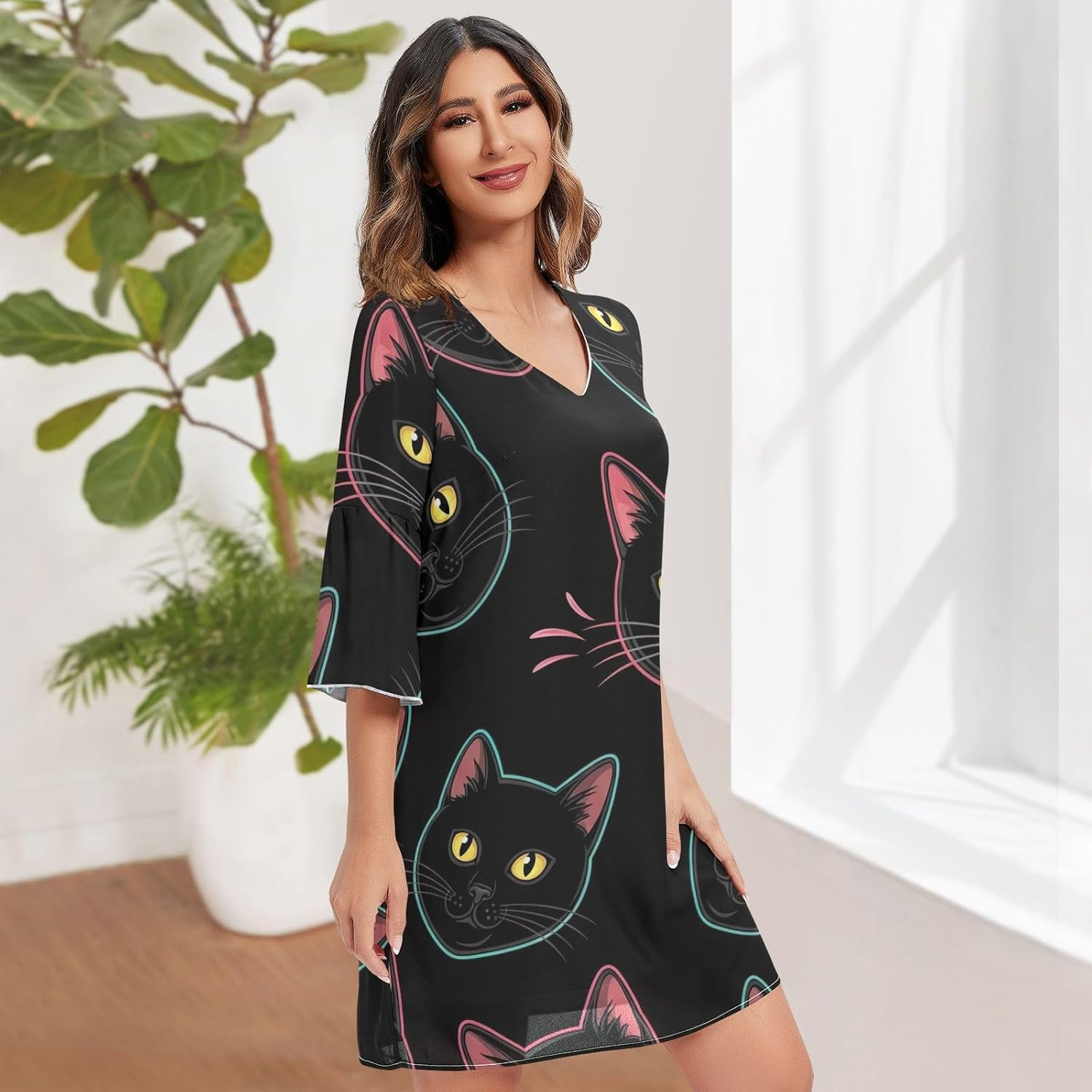 Black Cat Eyes Chiffon Dress Printed Line Maternity Dress image number 5